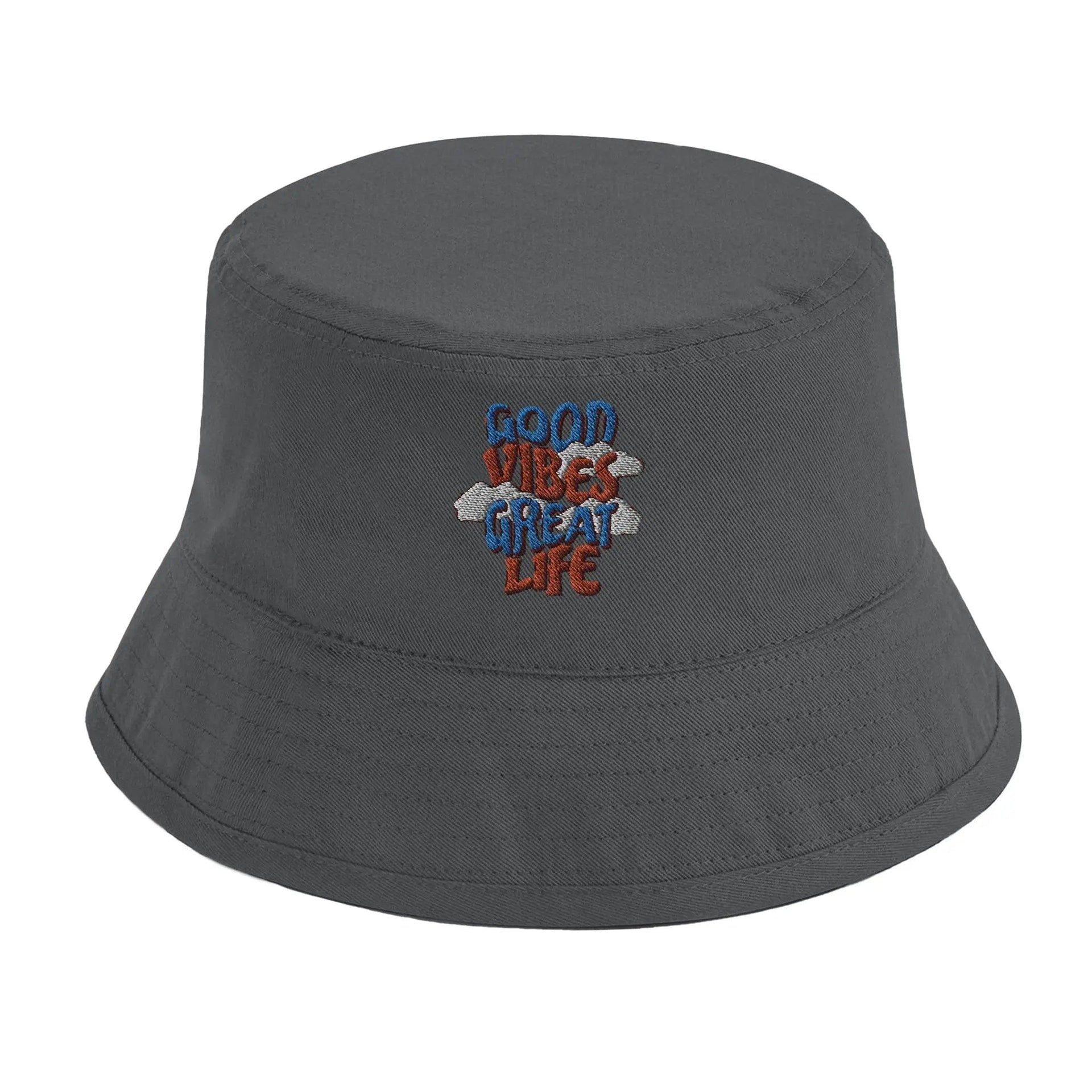 Stylish3Tees.com Print Material Graphite Grey Good Vibes Great Life Organic Cotton Bucket Hat | Beechfield B90N