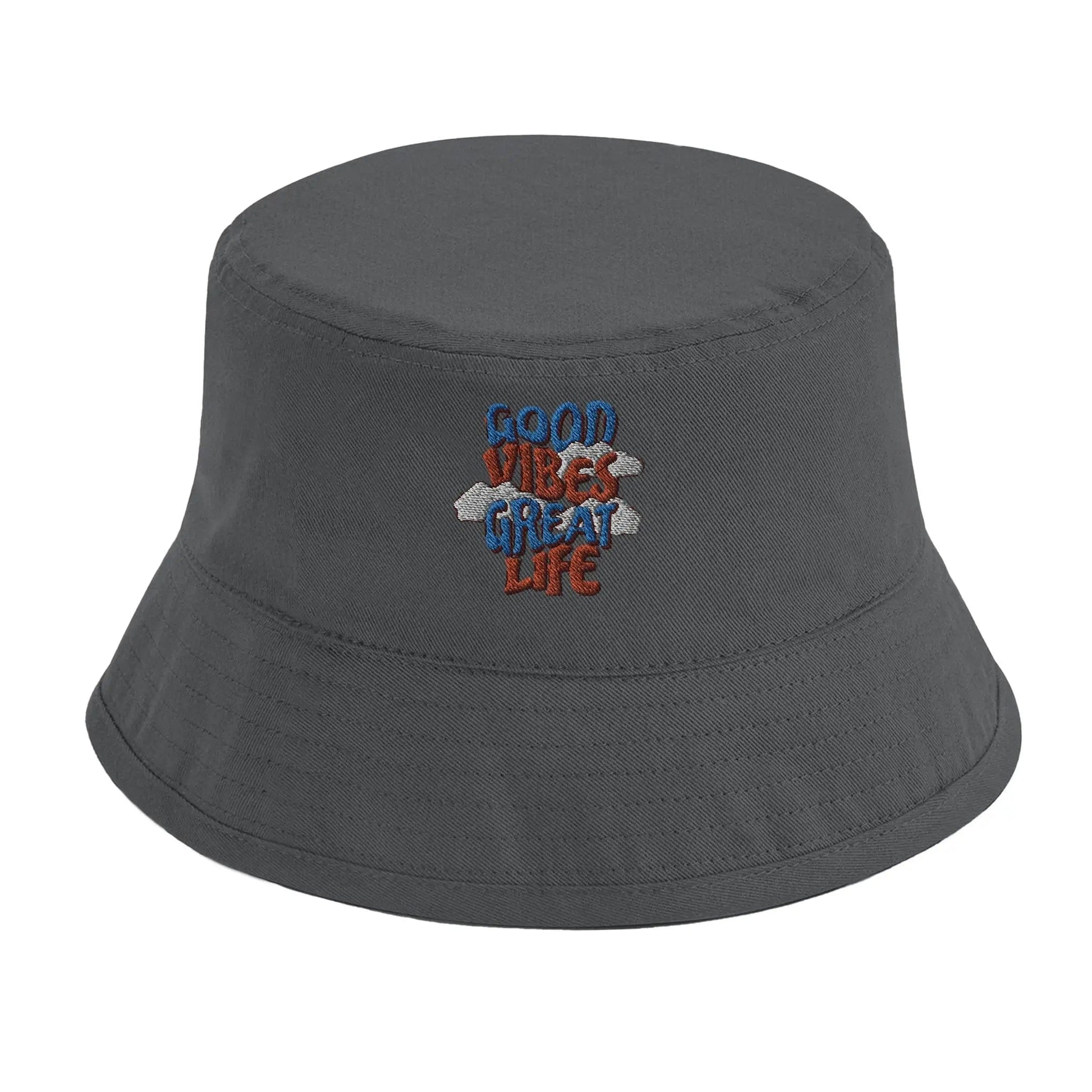 Stylish3Tees.com Print Material Graphite Grey Good Vibes Great Life Organic Cotton Bucket Hat | Beechfield B90N