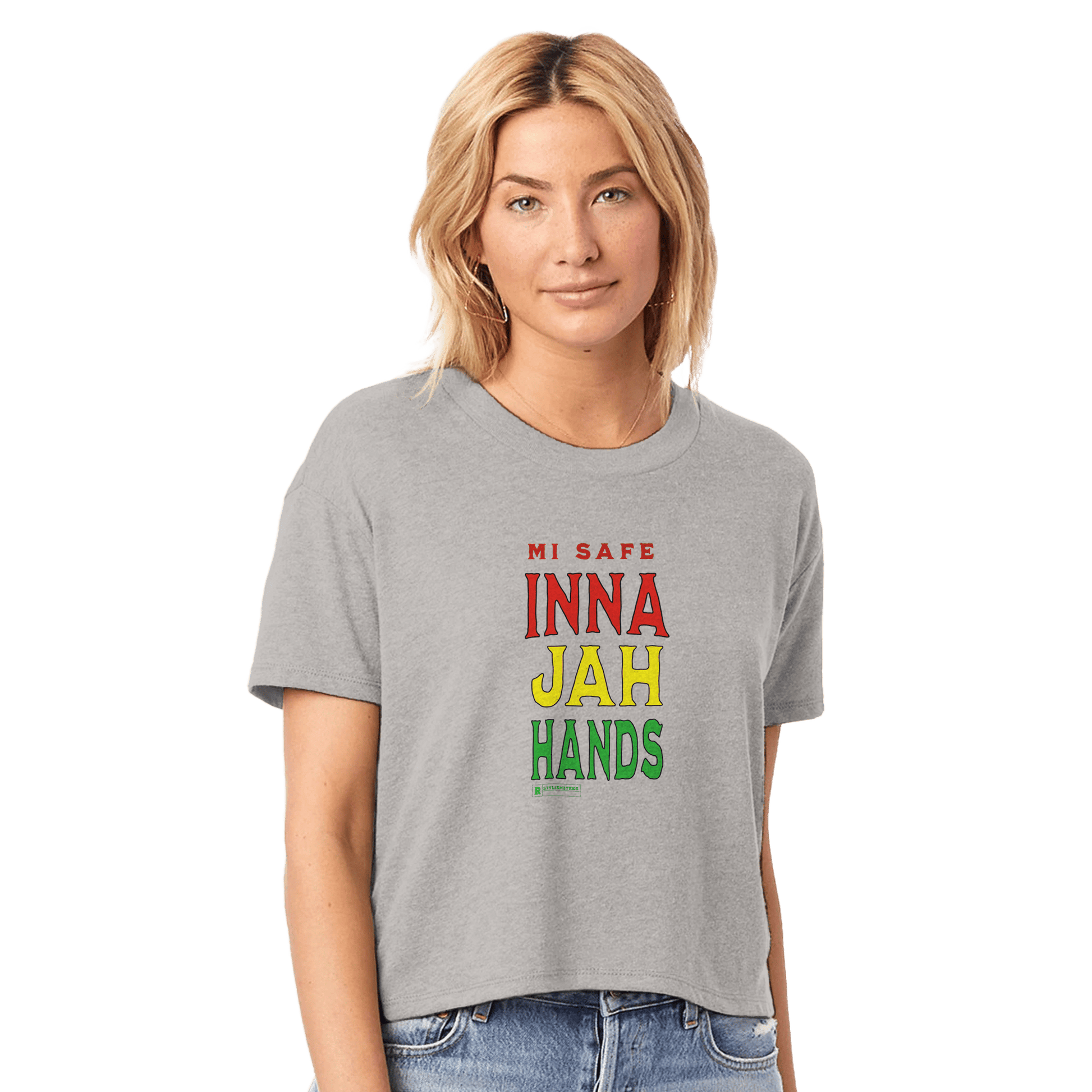 My Store Print Material smoke grey / XS Me Safe Inna Jay Hands Jamaica Women's Headliner Cropped Crewneck T-Shirt | Alternative 5114BP