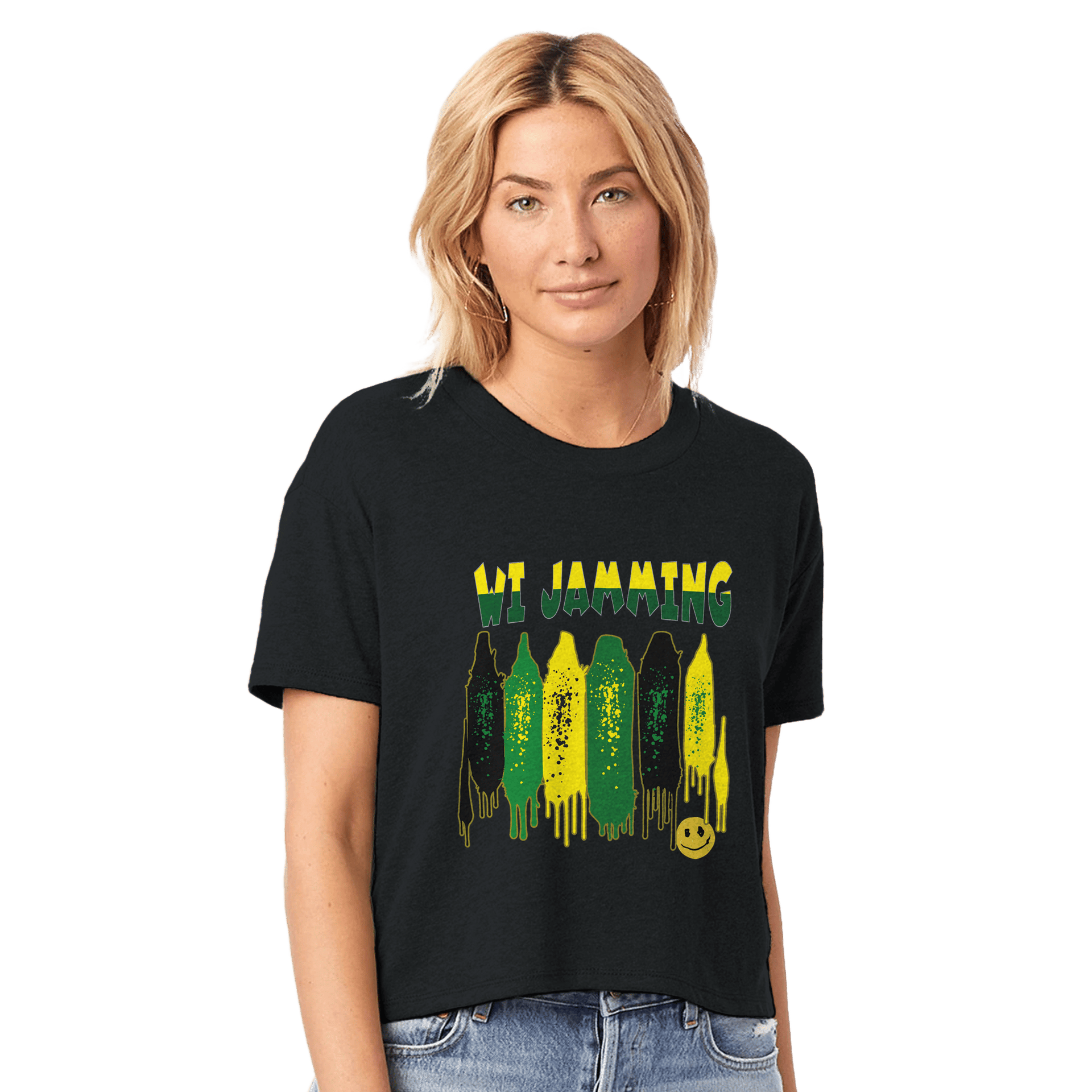 Stylish3Tees.com Print Material Black / XS WI Jamming Jamaica" Women's Headliner Cropped Crewneck T-Shirt | Alternative 5114BP