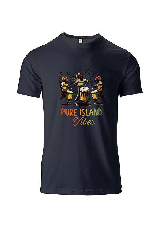 Black Level Mens Premium Fitted CVC Crew Tee with colorful Pure Island Vibes drum player design