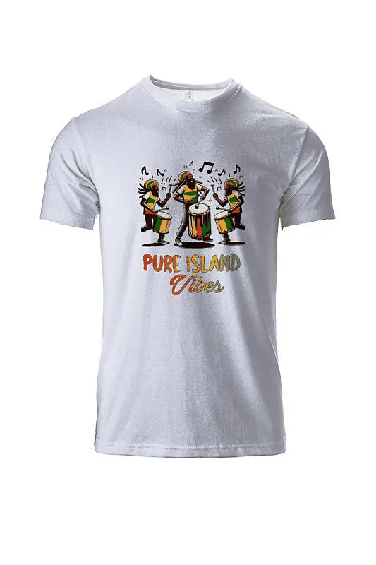 White Level Mens Premium Fitted CVC Crew Tee with colorful Pure Island Vibes drum players graphic design