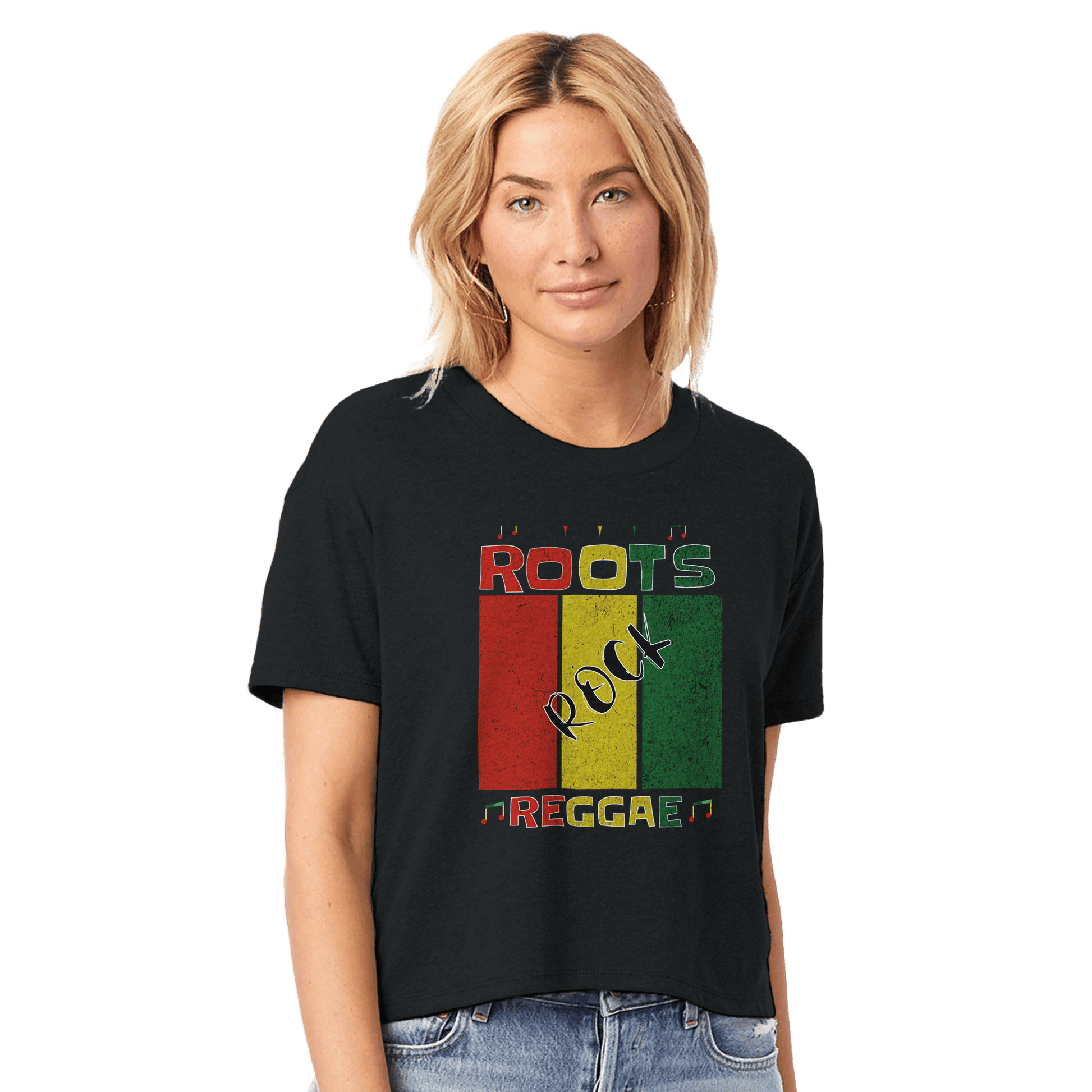 Stylish3Tees.com T-Shirts Black / XS Roots Rock Reggae Jamaica Women's Headliner Cropped Crewneck T-Shirt | Alternative 5114BP