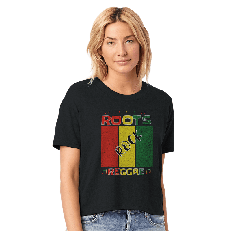 Stylish3Tees.com T-Shirts Black / XS Roots Rock Reggae Jamaica Women's Headliner Cropped Crewneck T-Shirt | Alternative 5114BP