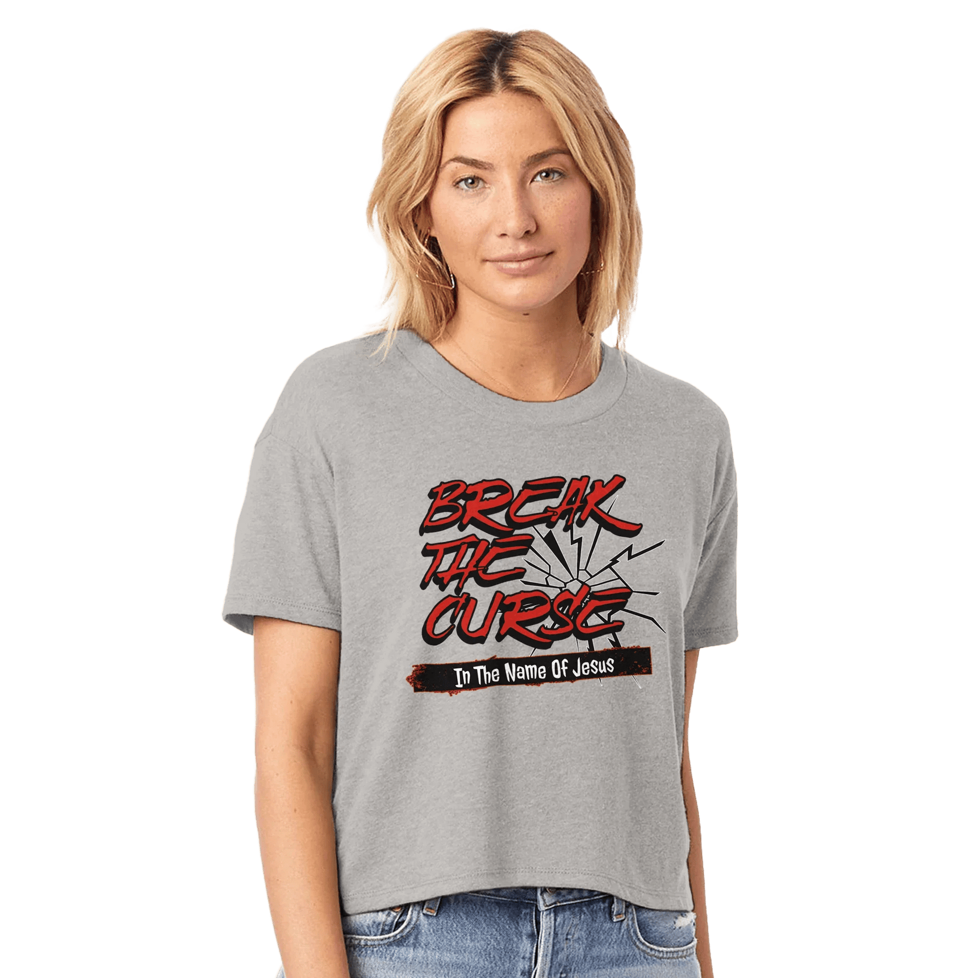 My Store Print Material smoke grey / XS Break The Curse In The Name Of Jesus. Women's Headliner Cropped Crewneck T-Shirt | Alternative 5114BP