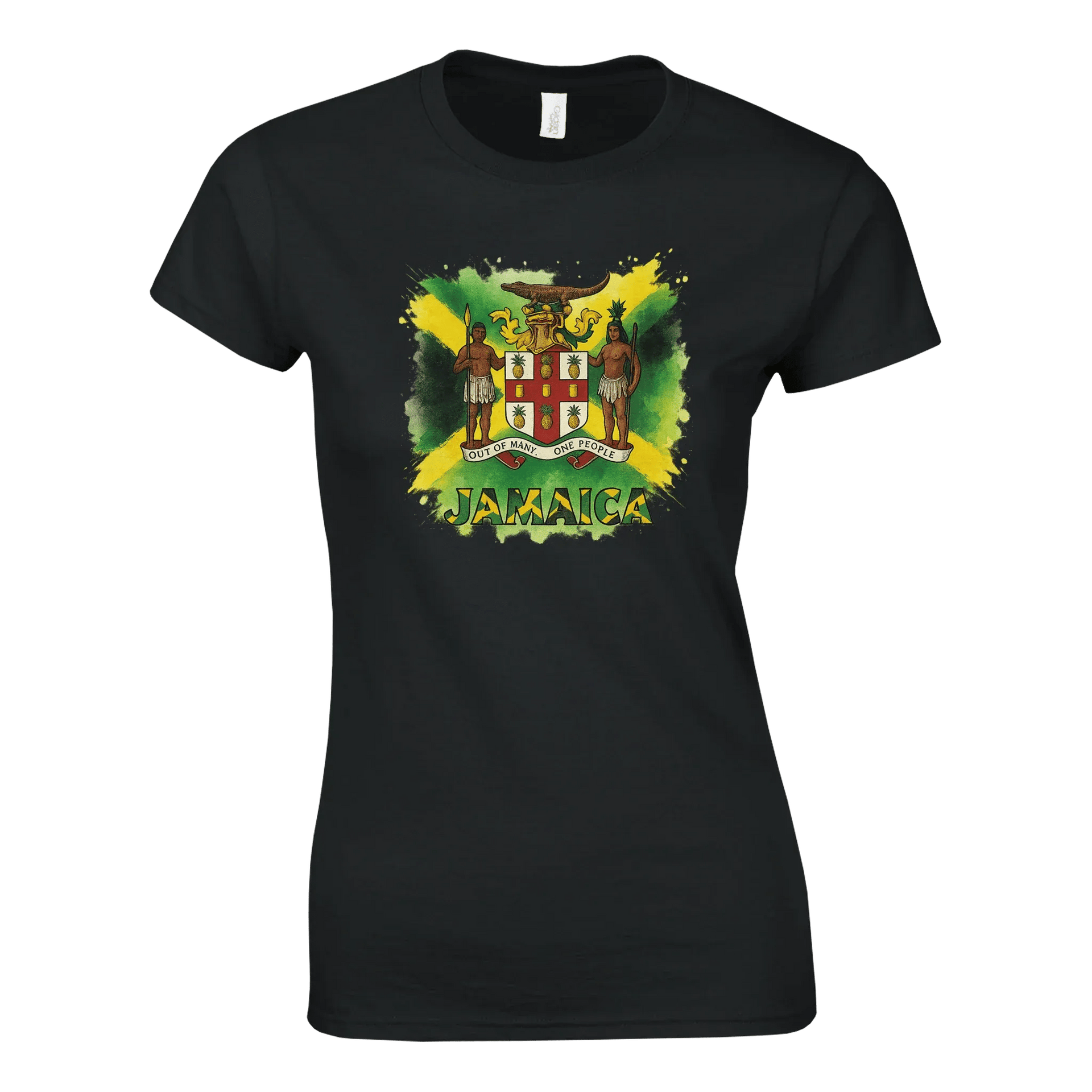 Stylish3Tees.com Print Material Jamaica Out Of Many On People SR3 Classic Womens Crewneck T-shirt | Gildan® 64000L Black