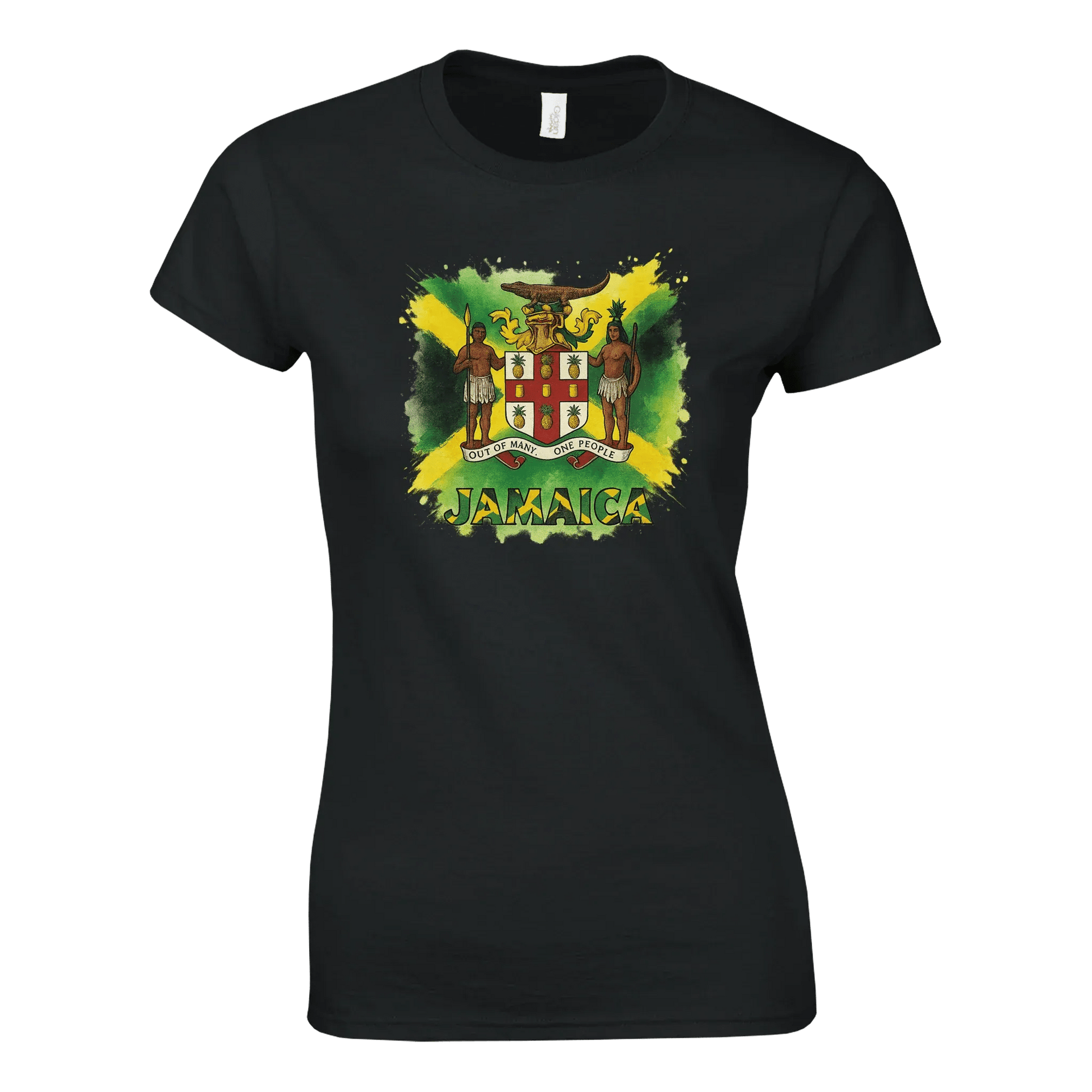 Stylish3Tees.com Print Material Jamaica Out Of Many On People SR3 Classic Womens Crewneck T-shirt | Gildan® 64000L Black
