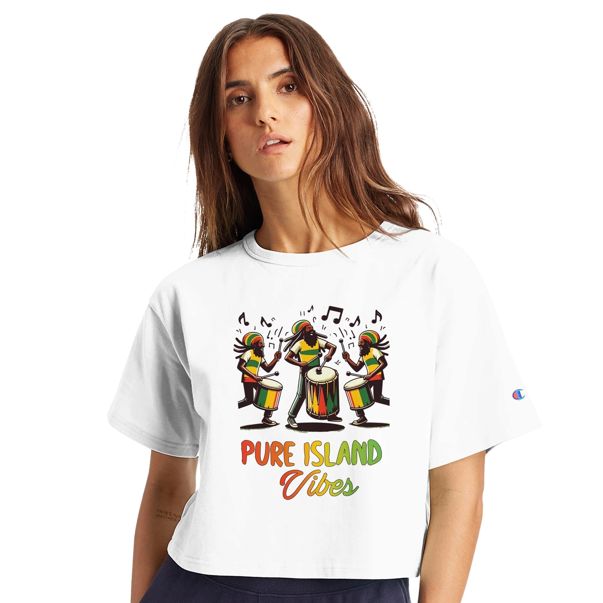 White crop tee with colorful Pure Island Vibes drummers print and musical notes