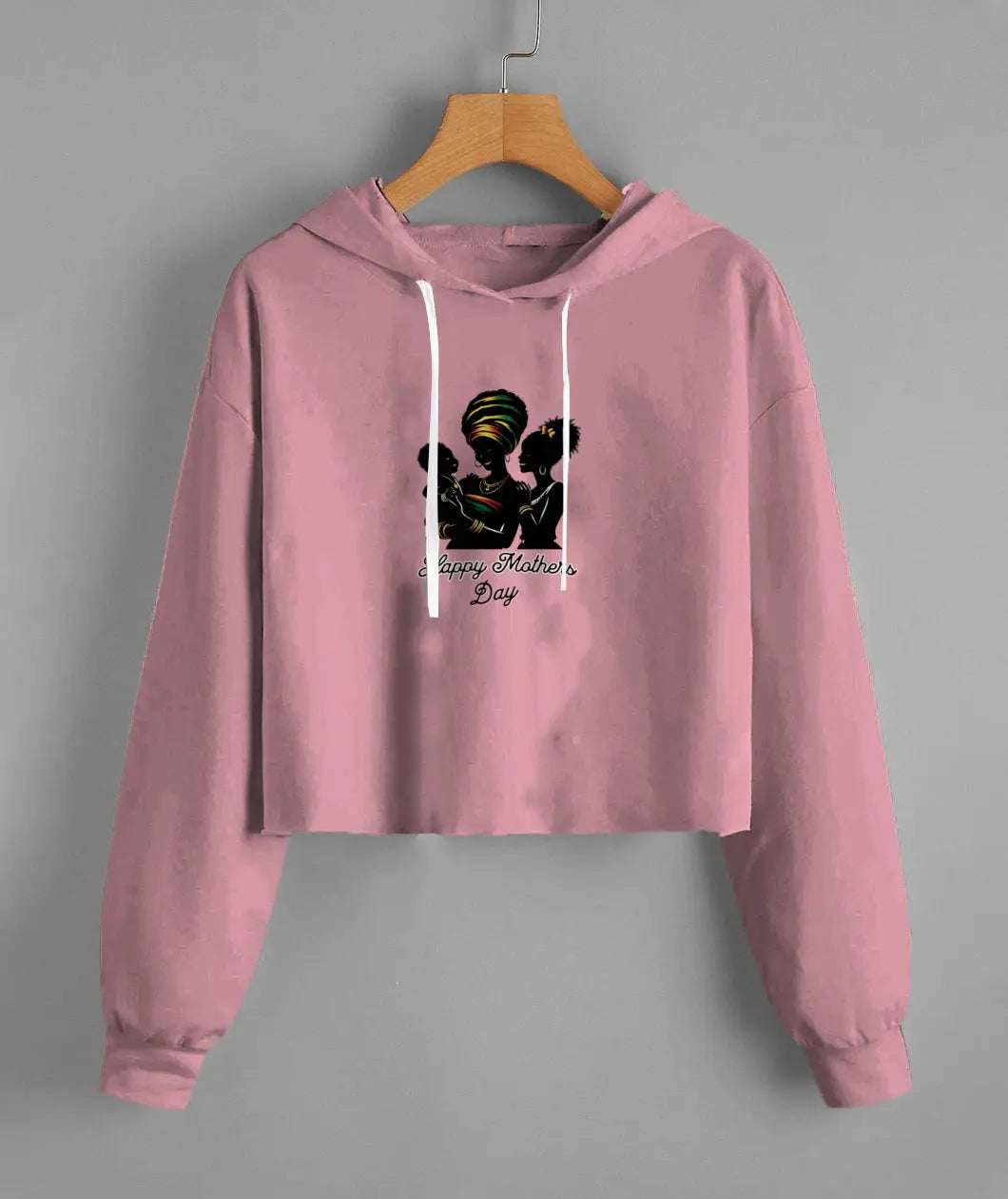 Pink Lady's fleece cropped hoodie with "Happy Mother's Day" graphic on front and white drawstrings