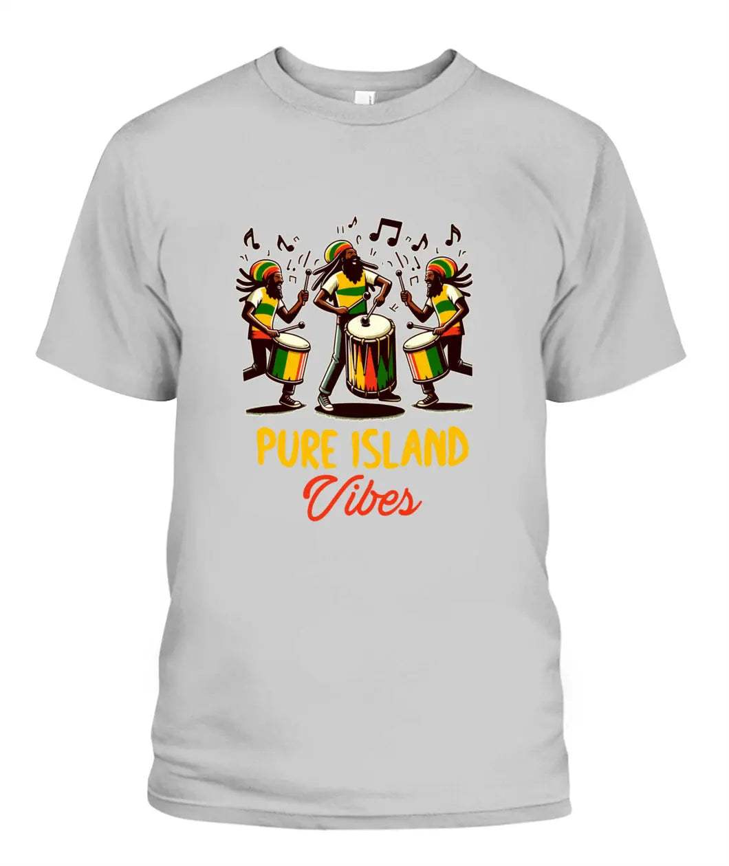 Pure Island Vibes unisex t-shirt with vibrant island drummers design on light gray Bella + Canvas 3001 cotton shirt