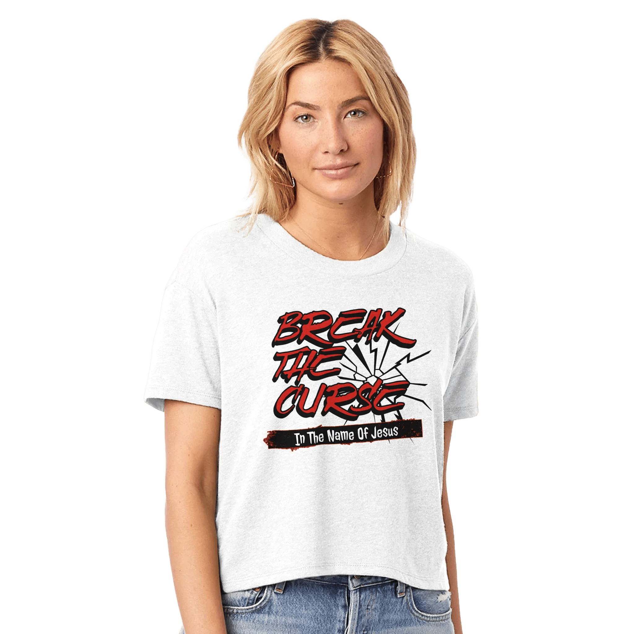 My Store Print Material White / XS Break The Curse In The Name Of Jesus. Women's Headliner Cropped Crewneck T-Shirt | Alternative 5114BP