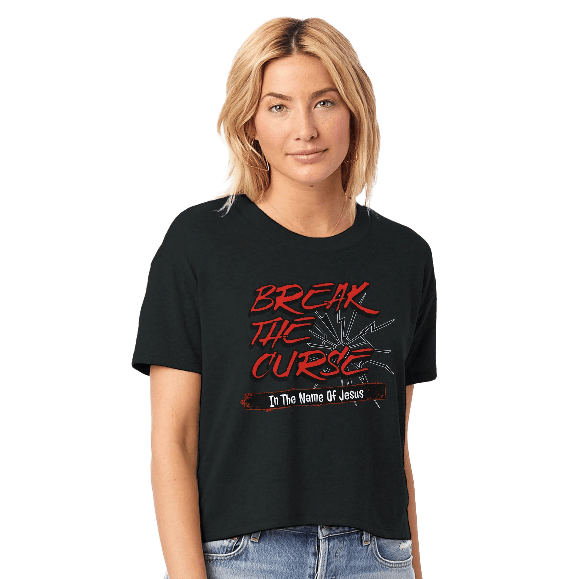 My Store Print Material Black / XS Break The Curse In The Name Of Jesus. Women's Headliner Cropped Crewneck T-Shirt | Alternative 5114BP