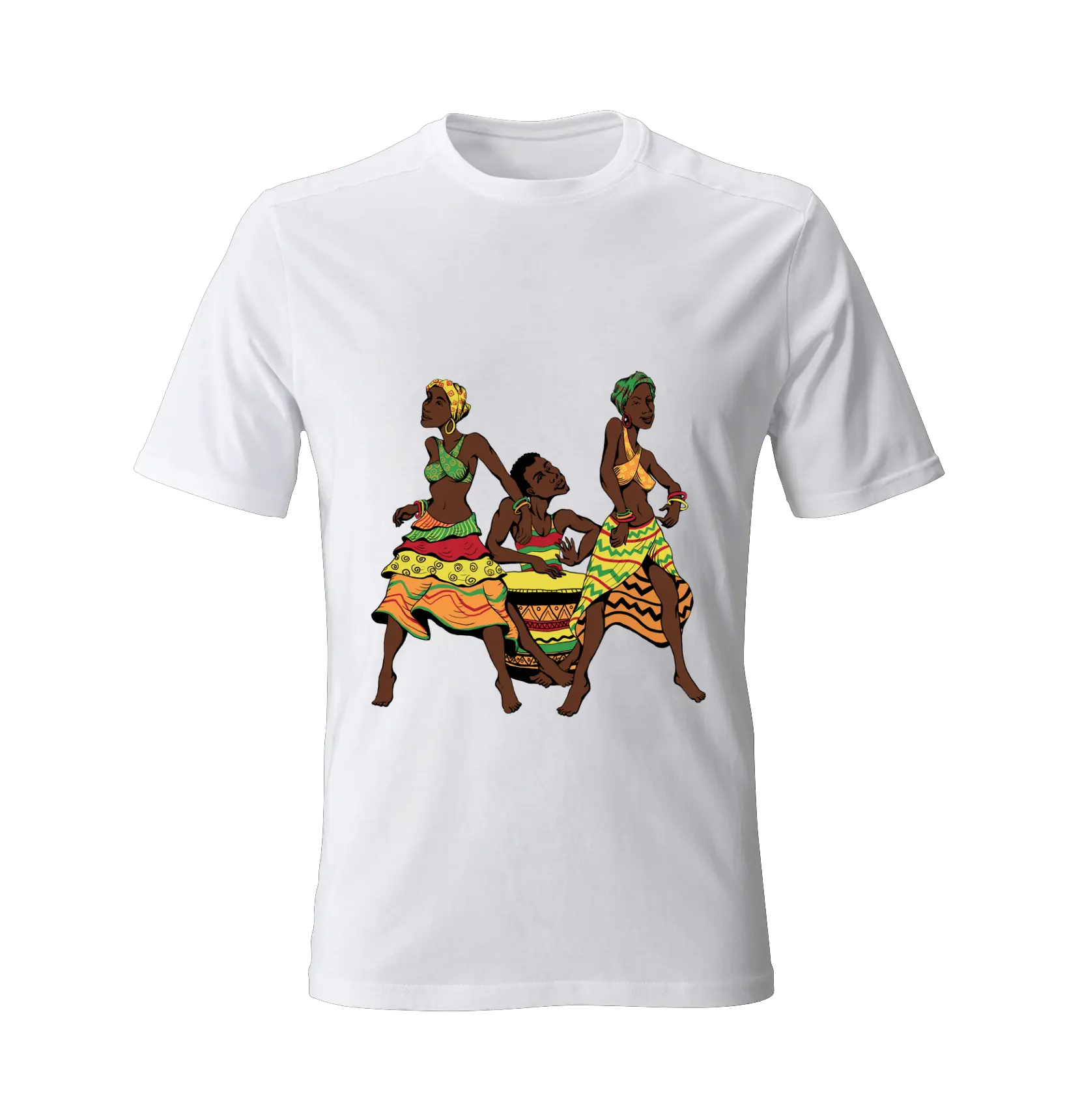 White t-shirt with colorful Island Dancing Rhythm Jamaican dancers and drummer design