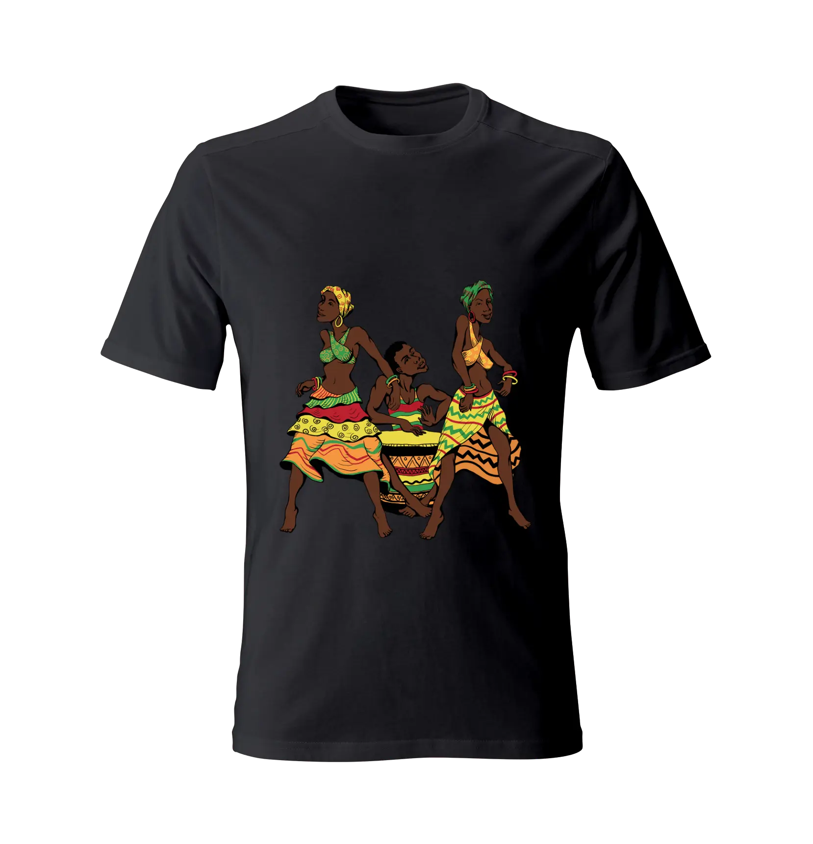 Black t-shirt with vibrant Island Dancing Rhythm design featuring three Caribbean dancers in colorful traditional attire.
