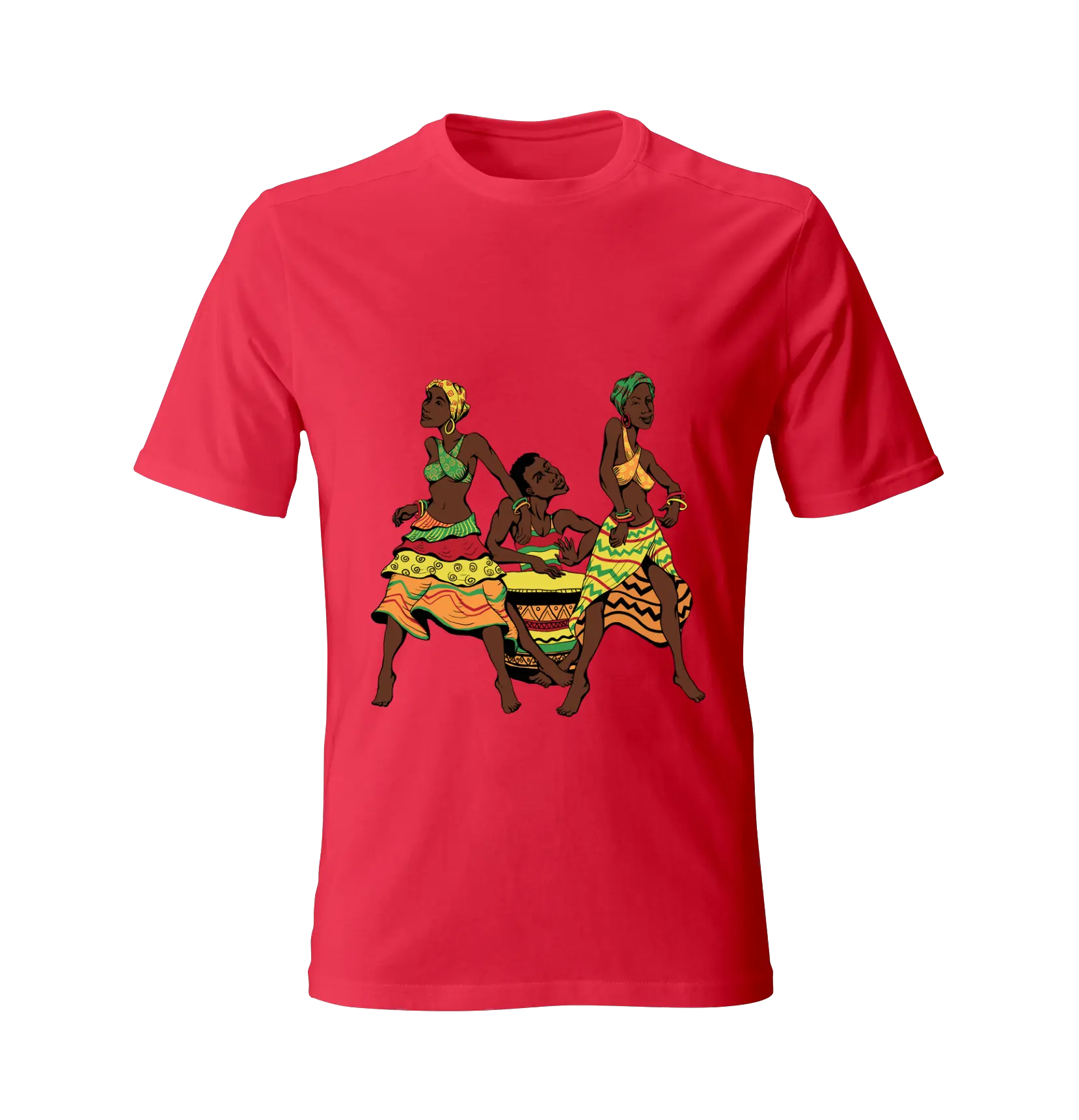 Island Dancing Rhythm red t-shirt with vibrant Jamaican dancers illustration