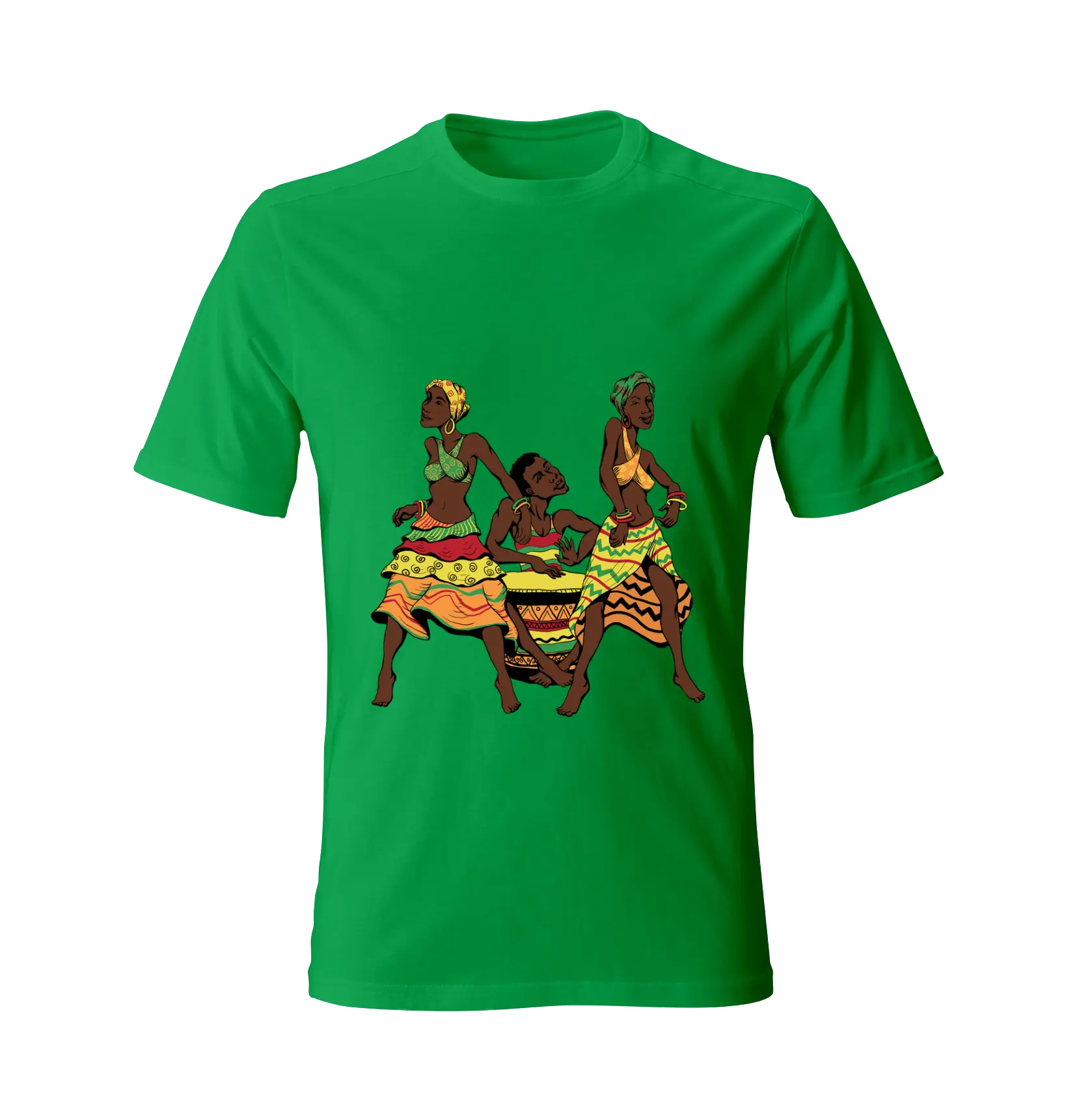 Green t-shirt featuring vibrant Island Dancing Rhythm design with three Jamaican dancers in colorful traditional attire
