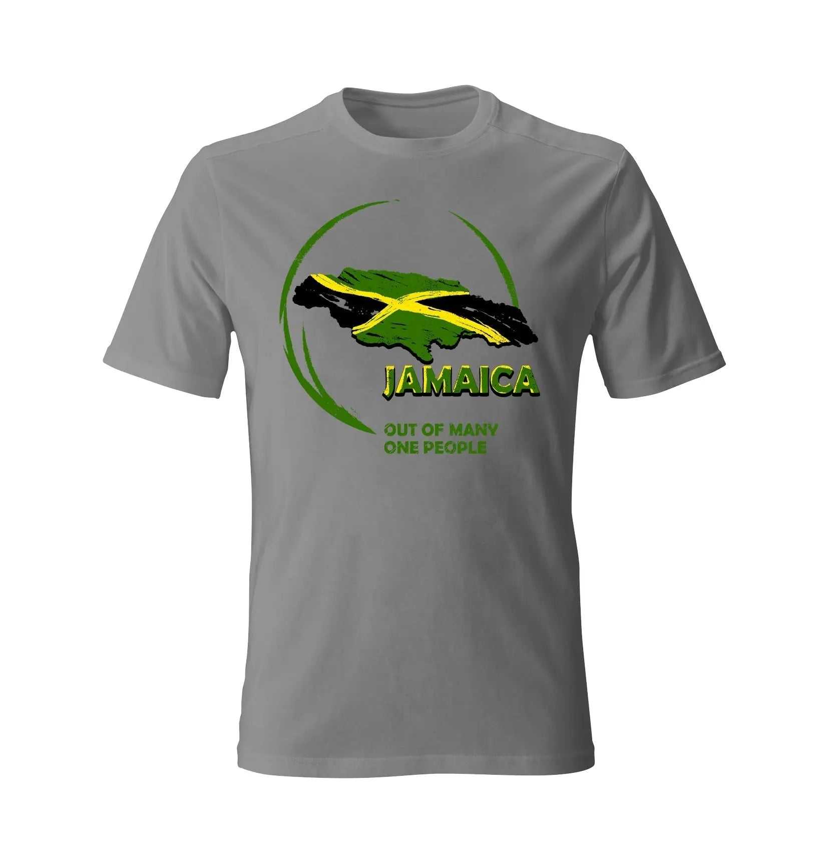 Gray t-shirt with Jamaica map and flag design featuring "Out of Many One People" slogan