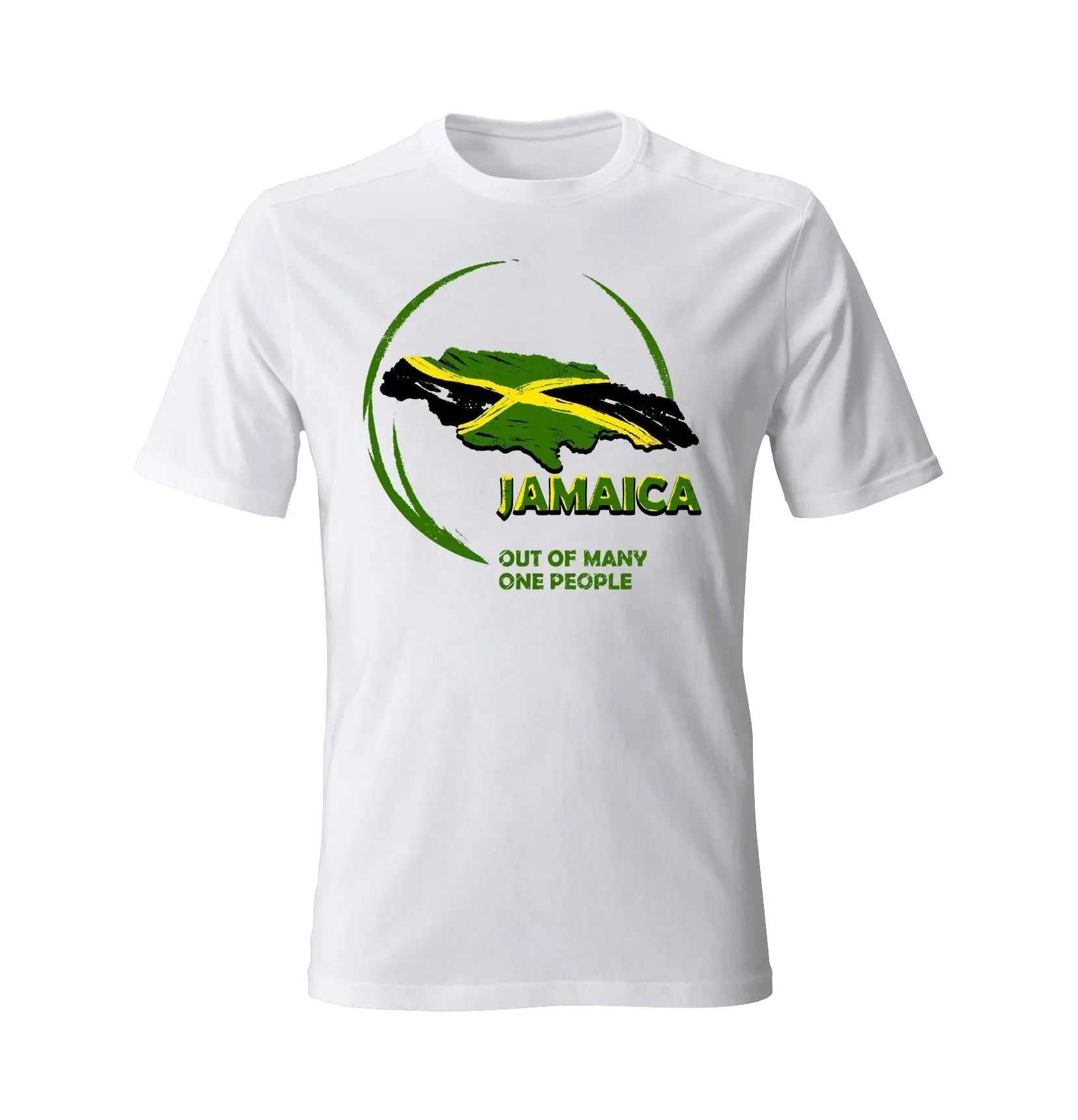 White t-shirt with Jamaica map and flag design featuring "Out of Many One People" motto