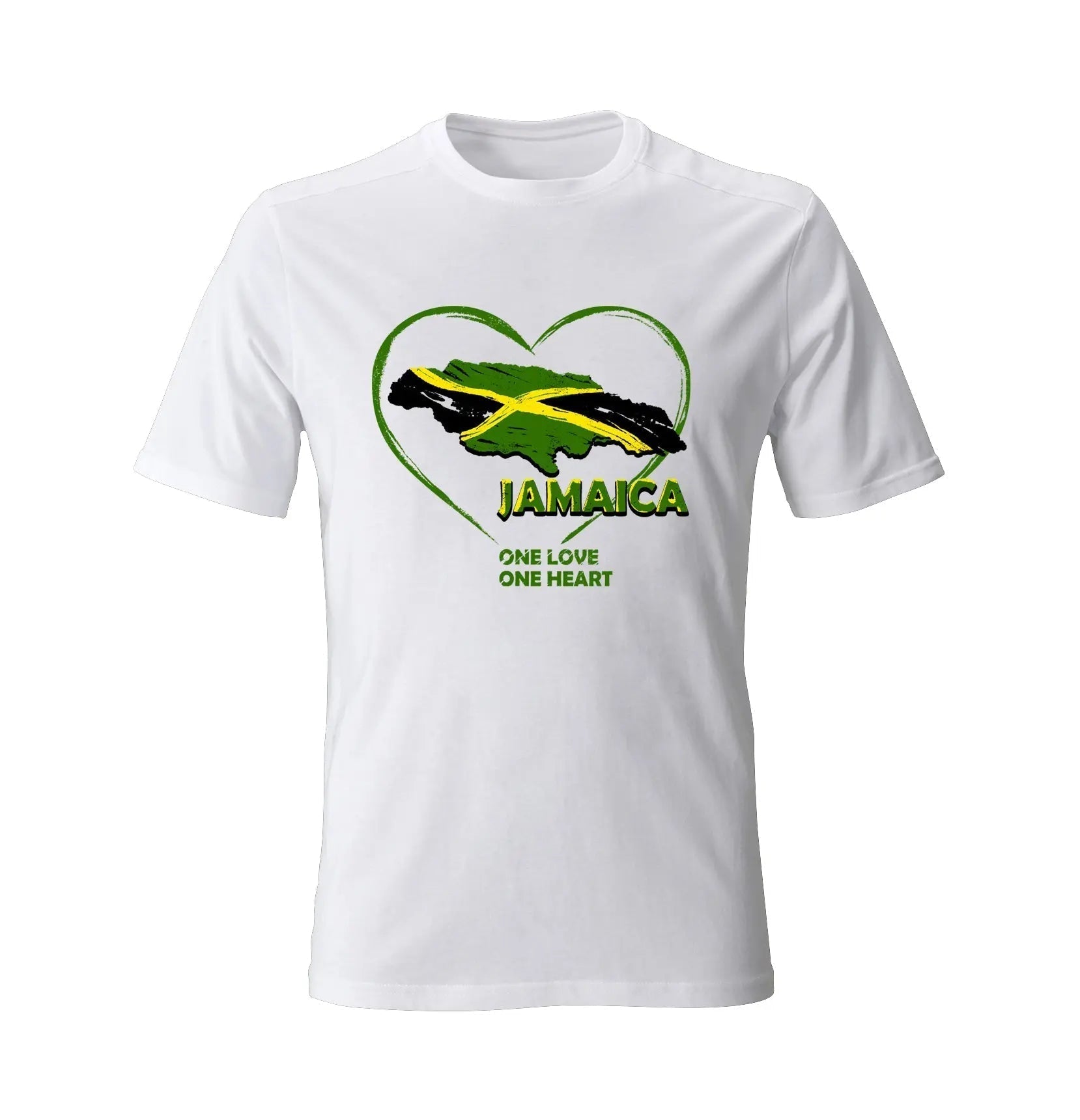 White t-shirt with Jamaica map and heart design in green, yellow, and black featuring "Jamaica One Love One Heart" text