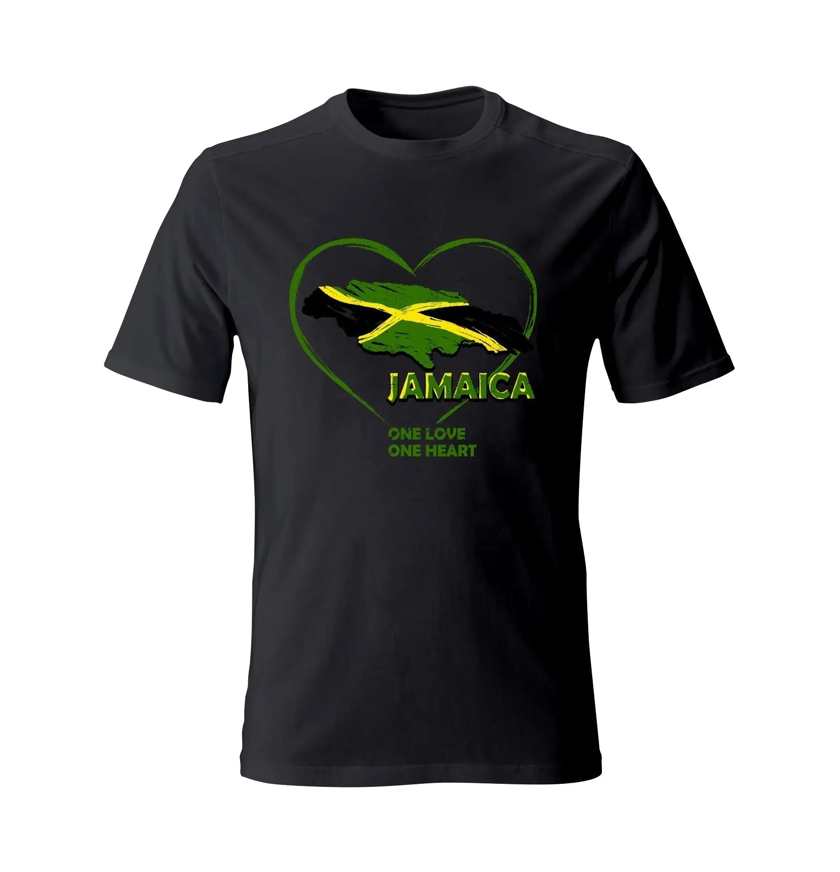 Black Jamaica One Love One Heart T-Shirt with map and heart design in green, yellow, and black colors