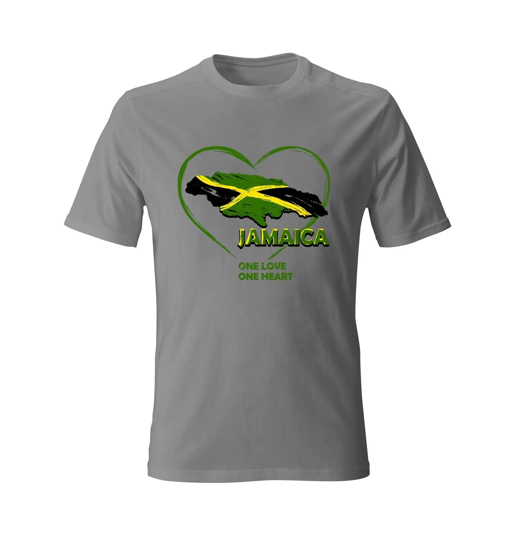 Gray t-shirt featuring Jamaica map with heart outline and "One Love One Heart" text design