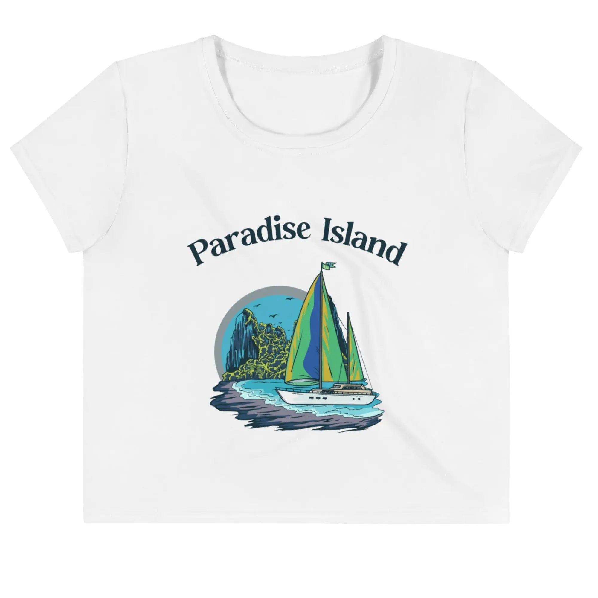 Paradise Island all-over print crop tee with sailboat graphic on white fabric