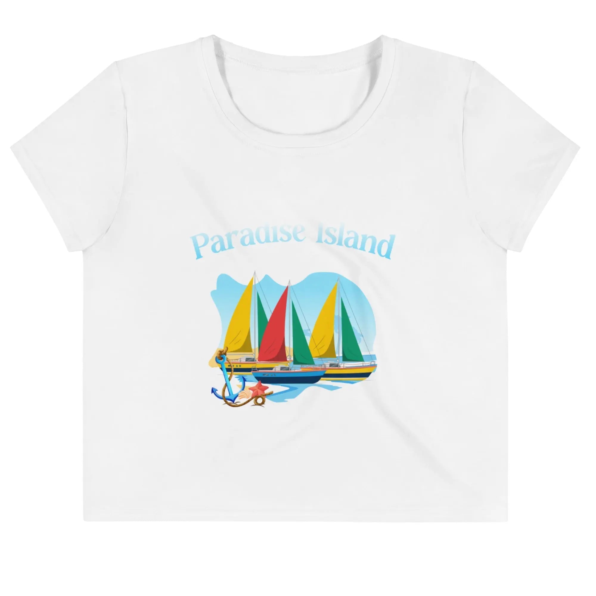 White crop tee with colorful sailboat design and "Paradise Island" text