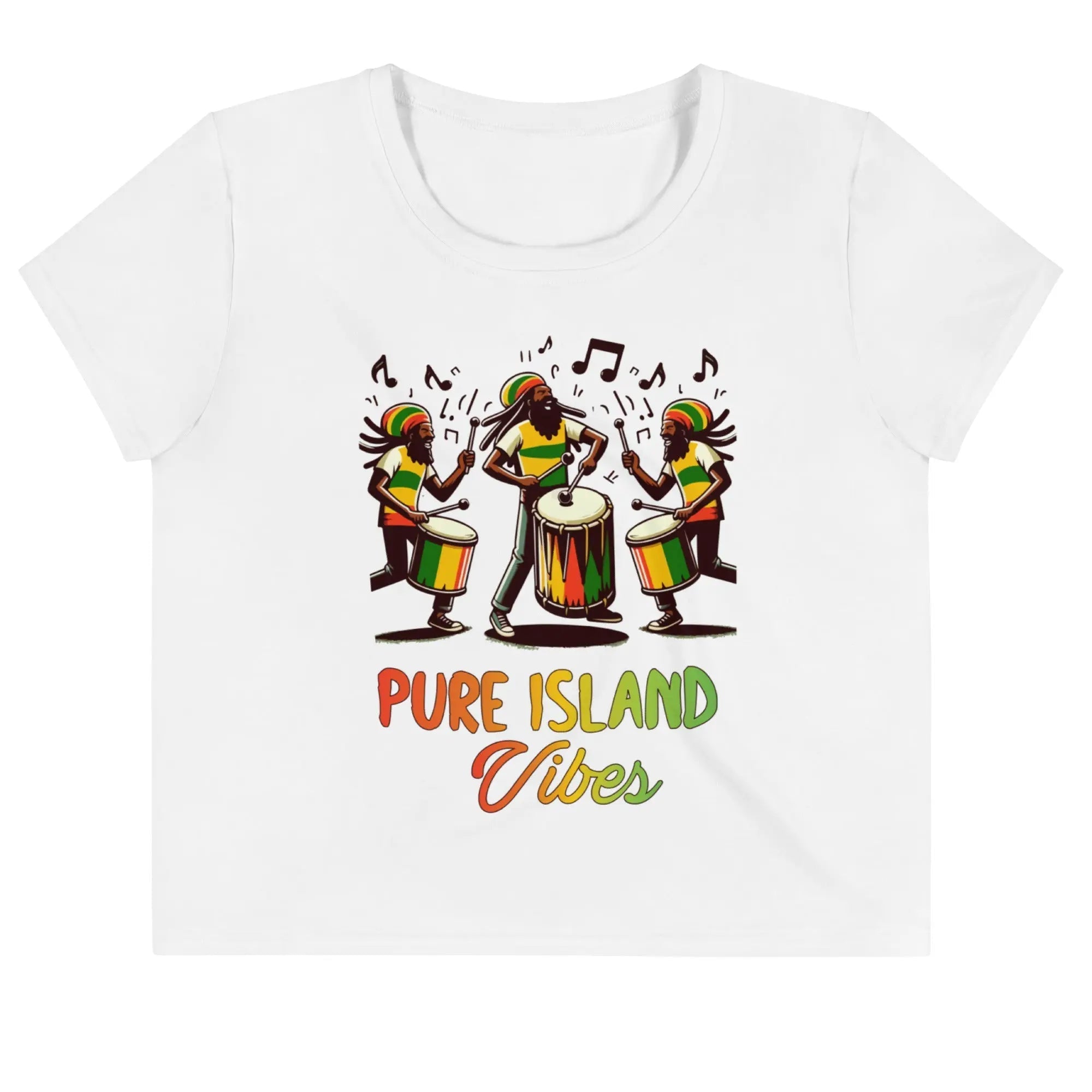 white crop tee with colorful Pure Island Vibes reggae drummers print