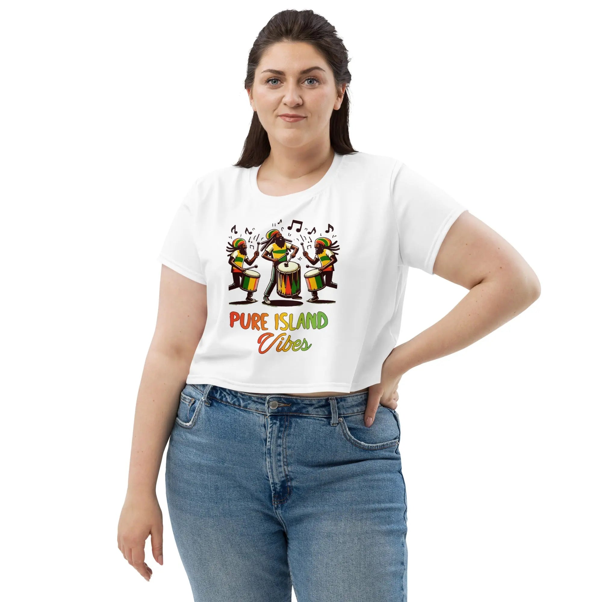 Woman wearing Pure Island Vibes all-over print crop tee with colorful drummers design