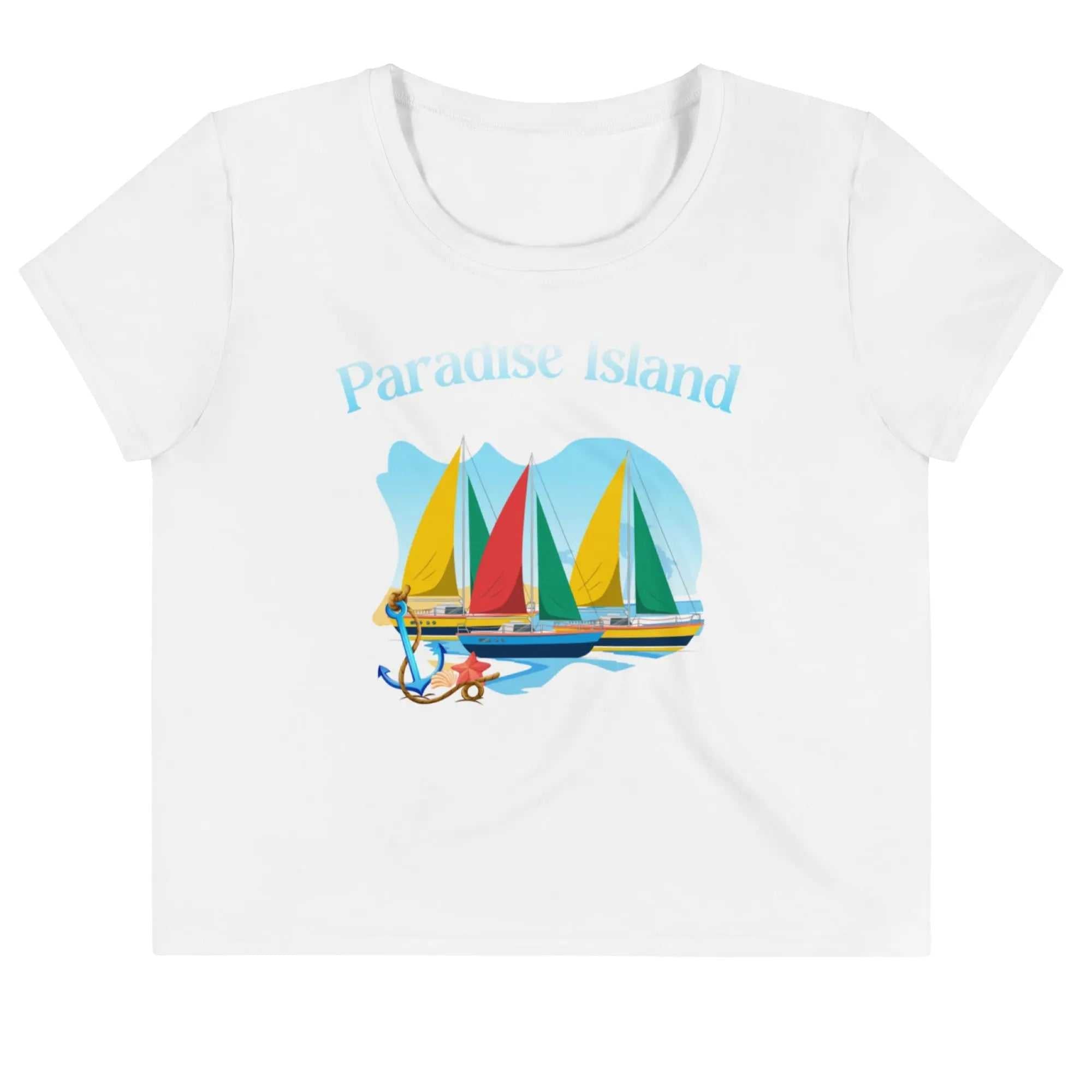 White crop tee with colorful sailboat graphic and "Paradise Island" text, soft stretch fabric