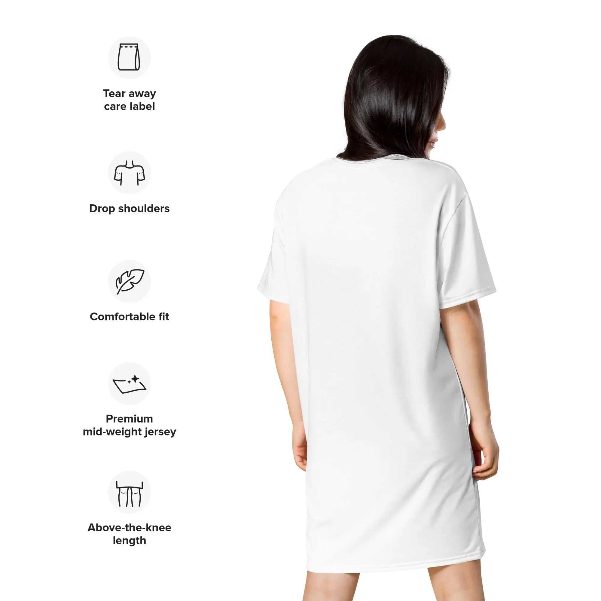 Market Place Ladies Comfort Tall T-Shirt Dress in white with drop shoulders and above-the-knee length on model back view