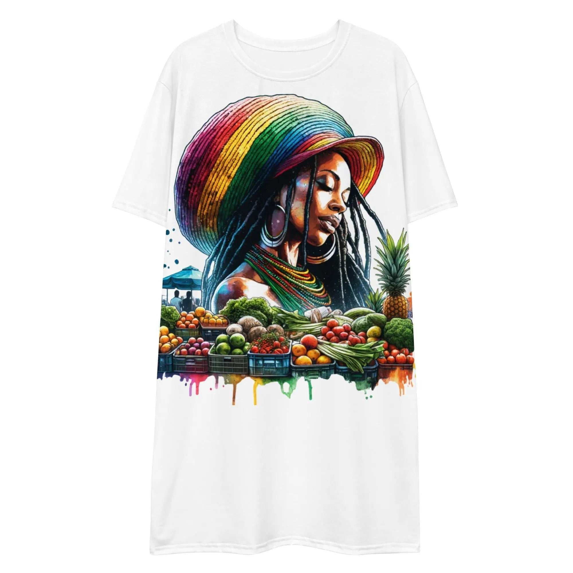 Natural beauty Marketplace Majesty Tee Dress featuring Rastafarian woman with colorful hat and fresh fruits design on white tall tee-dress