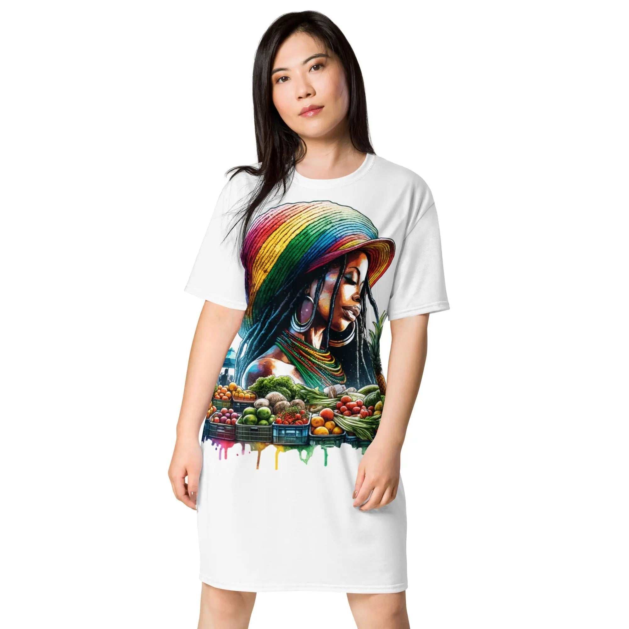 Marketplace Majesty Tee Dress featuring colorful Rastafarian woman and fresh fruits design on a comfortable oversized white tee-dress.