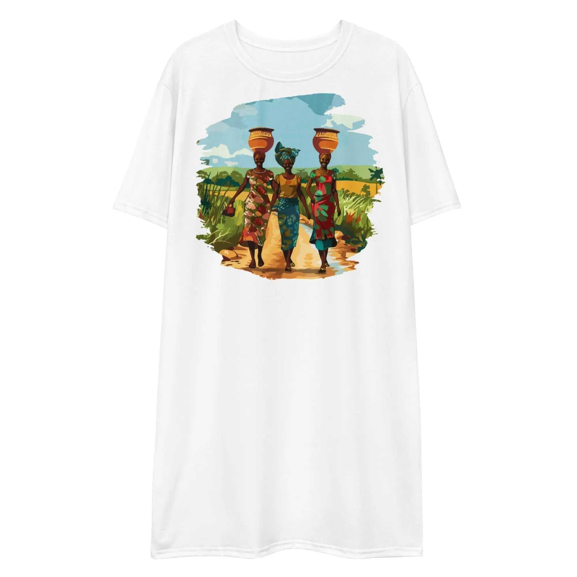 Africa Vibes Ladies Tall Comfort T-Shirt Dress with vibrant African women carrying water pots design
