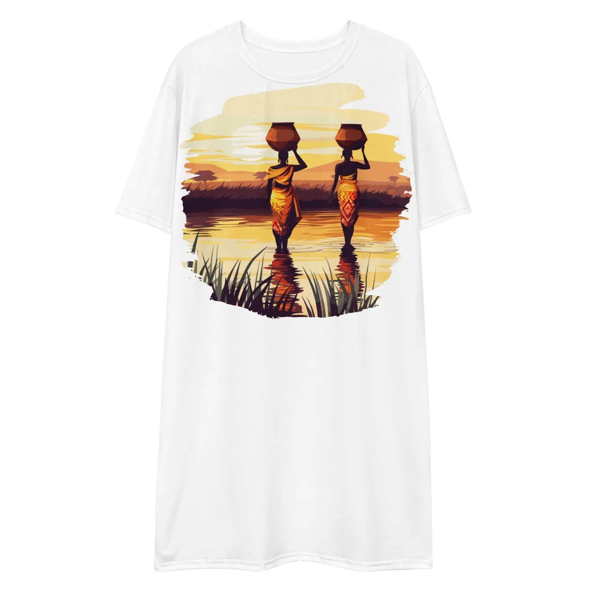 Africa Vibes Ladies comfort tall T shirt dress with sunset scene and two women carrying water vessels design