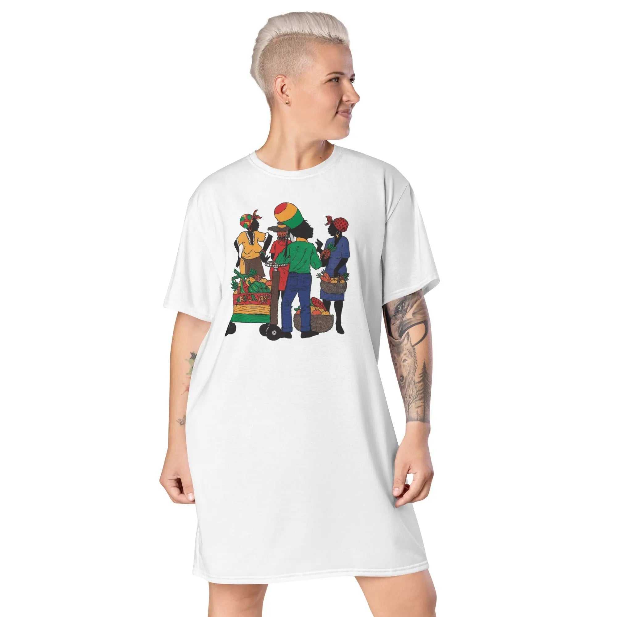 Market Place Ladies Comfort Tall T-Shirt Dress with colorful market scene print and oversized fit