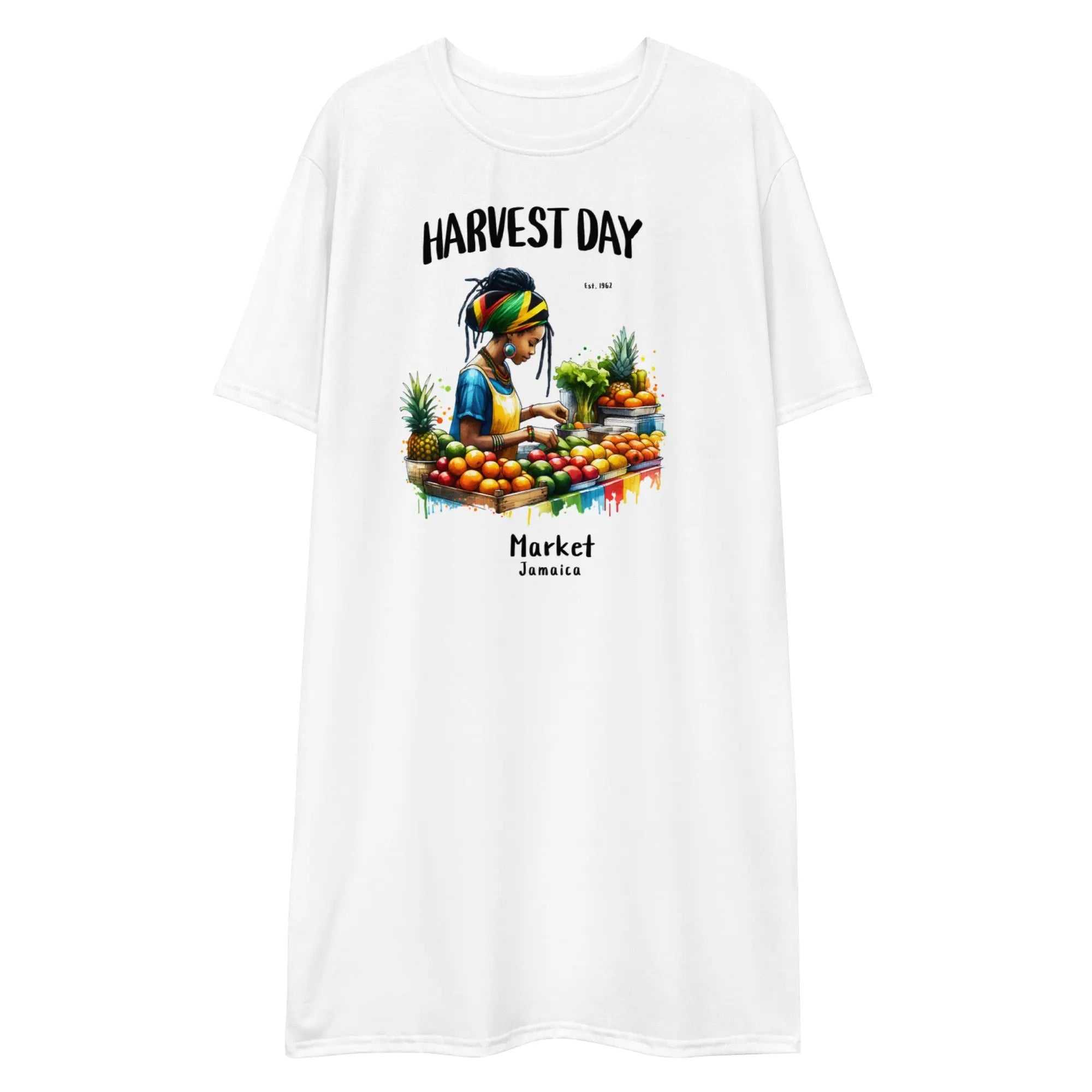 White Harvest Day Market ladies T shirt dress featuring colorful Jamaican market vendor and produce design