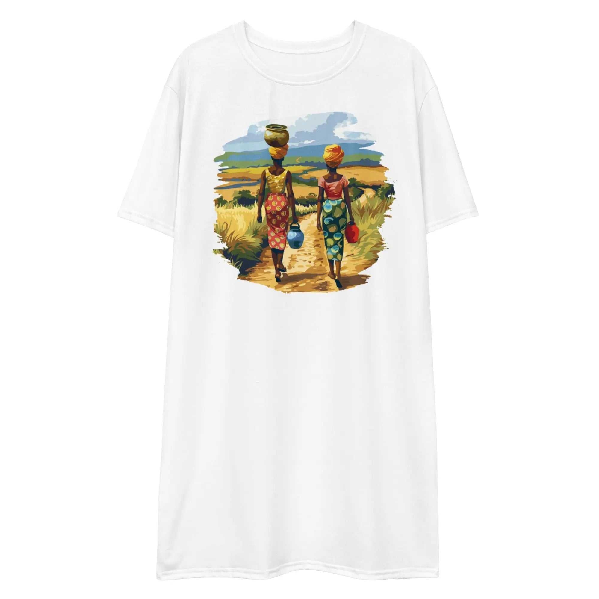 White African JourneyT shirt dress with colorful illustration of two women walking with baskets on their heads in rural Africa scenery
