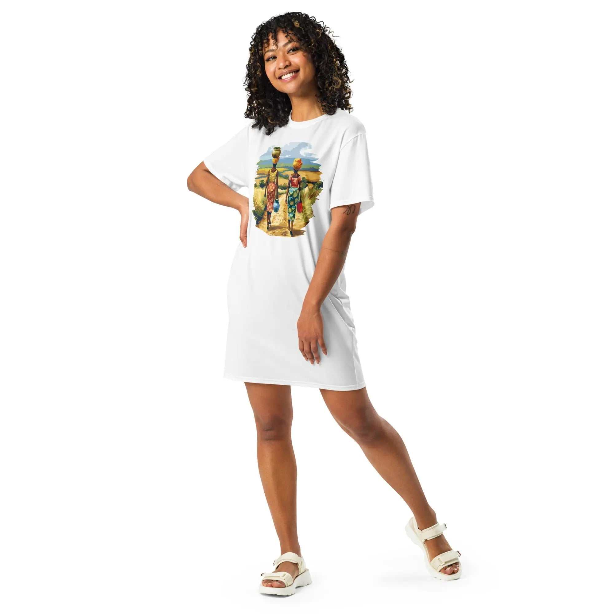 Woman wearing a white African Journey Tee Dress with print of two African women carrying baskets on heads, standing and smiling in comfortable oversized fit