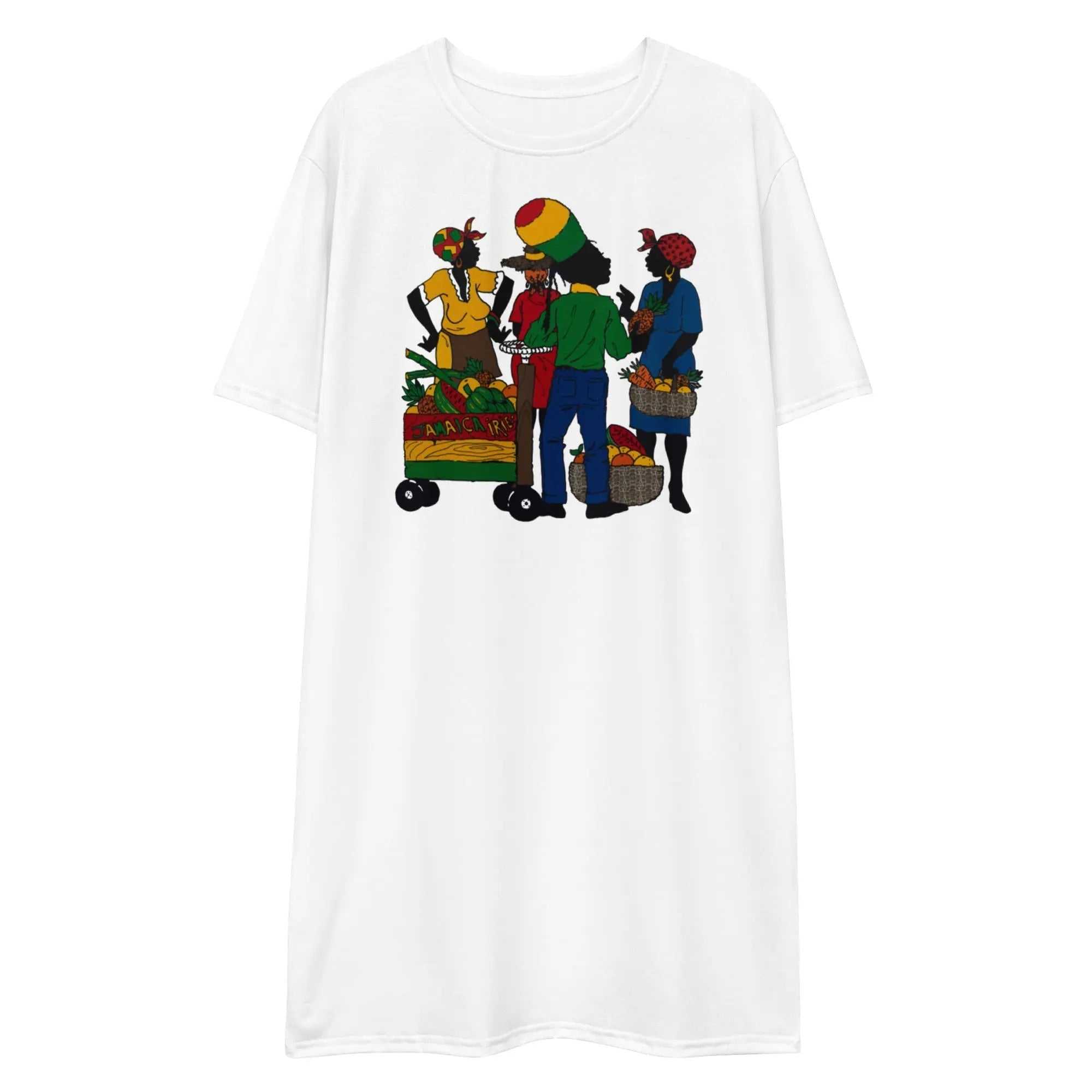 White tall tee-dress with colorfulT shirt dress illustration of local vendors and shoppers