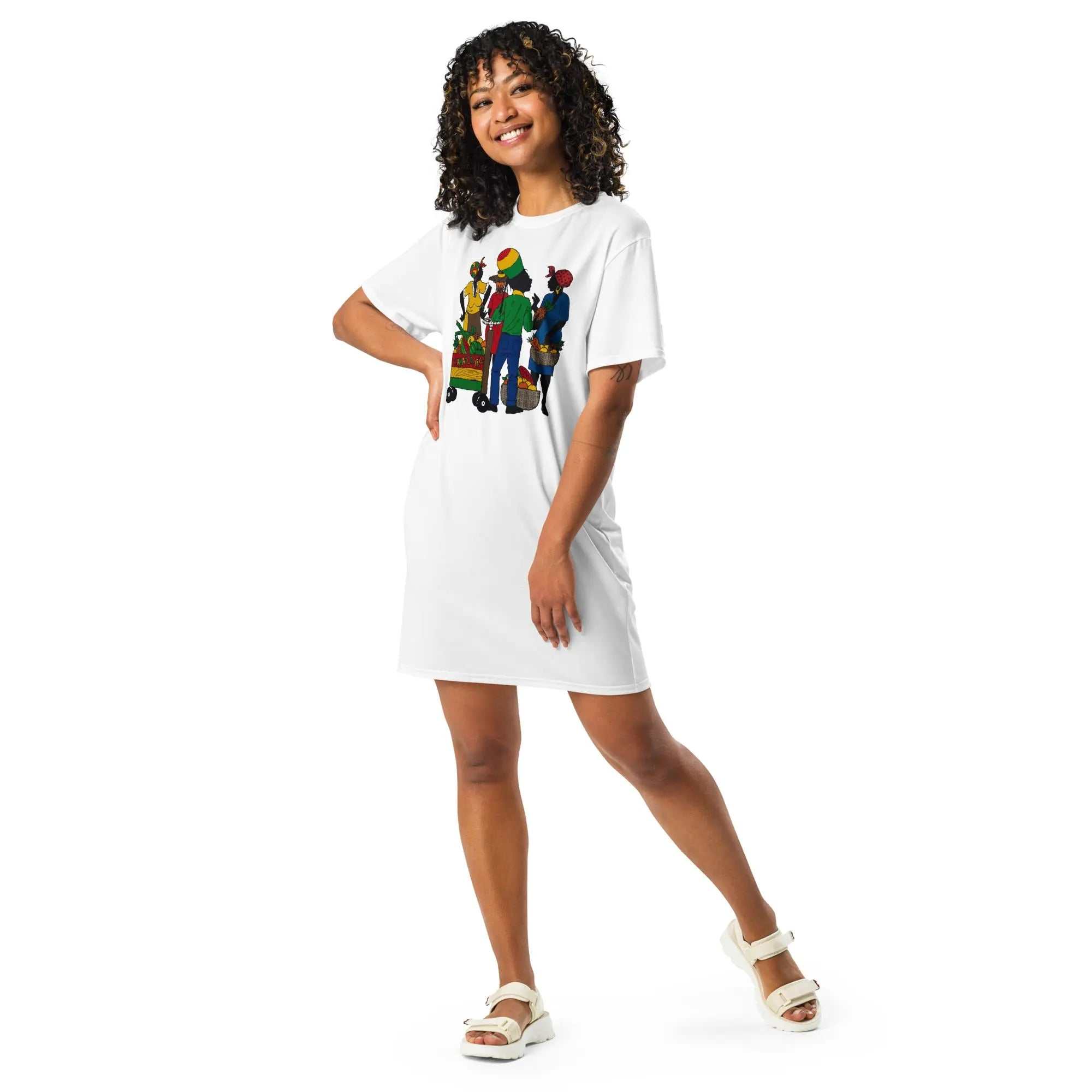 Woman wearing white Jamaica Market Scene tee dress with colorful market illustration on front