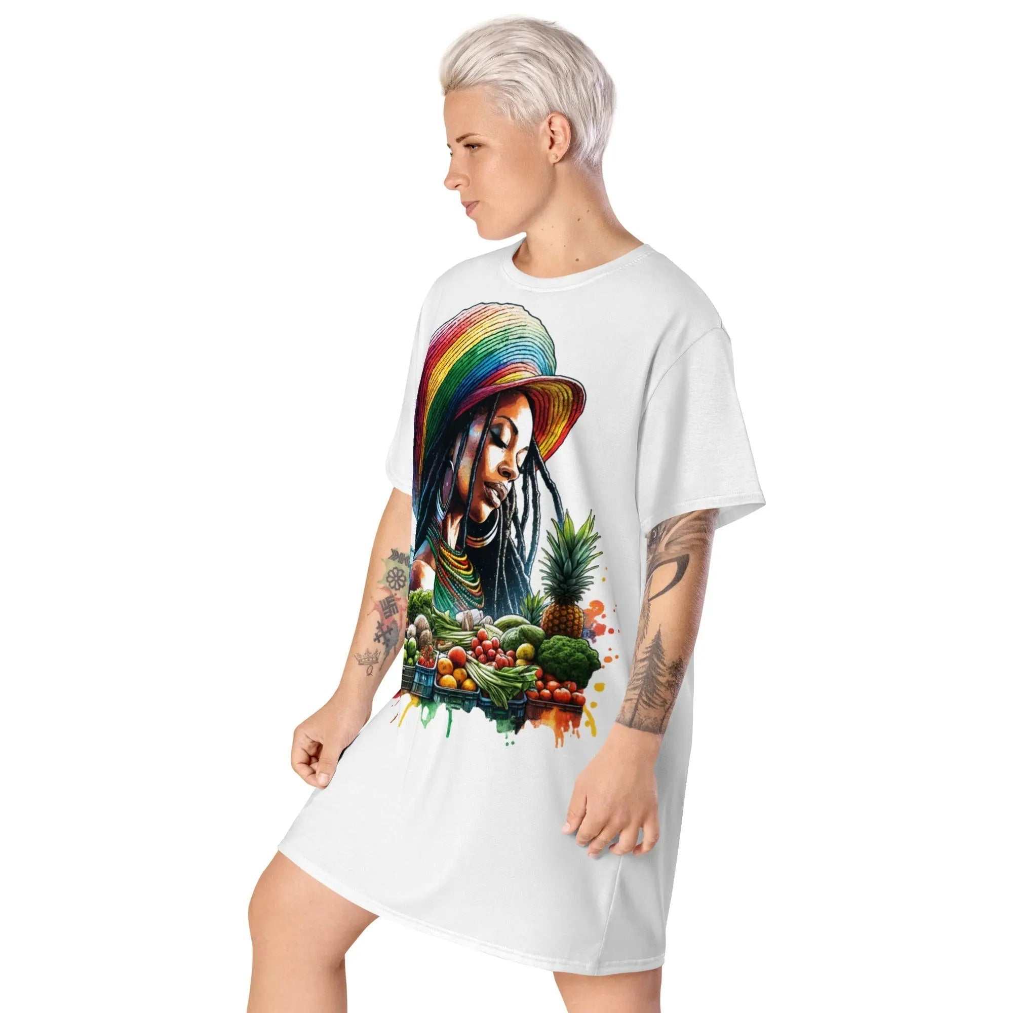 Marketplace Majesty Tee Dress featuring a Rastafarian woman with colorful hat and fresh fruits graphic on white oversized tee dress