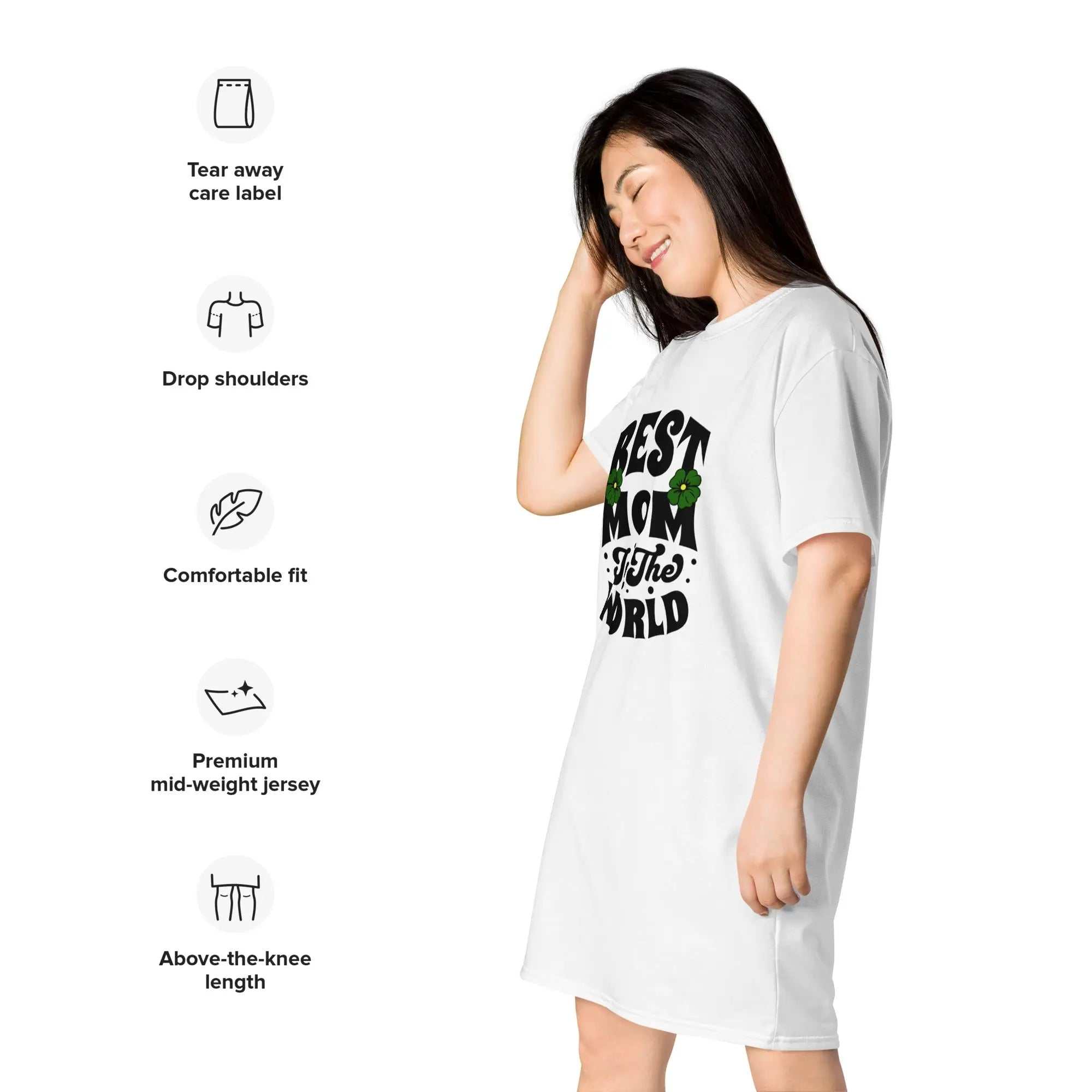 Best Mom In The World ladies comfortable tall t-shirt dress with bold typography and floral design