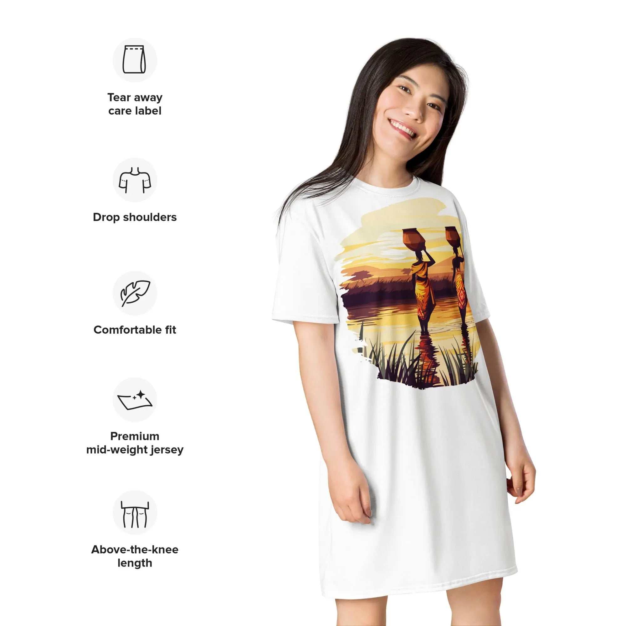 Africa Vibes Ladies tall tee dress with sunset and women carrying water vessels print, comfortable oversized fit