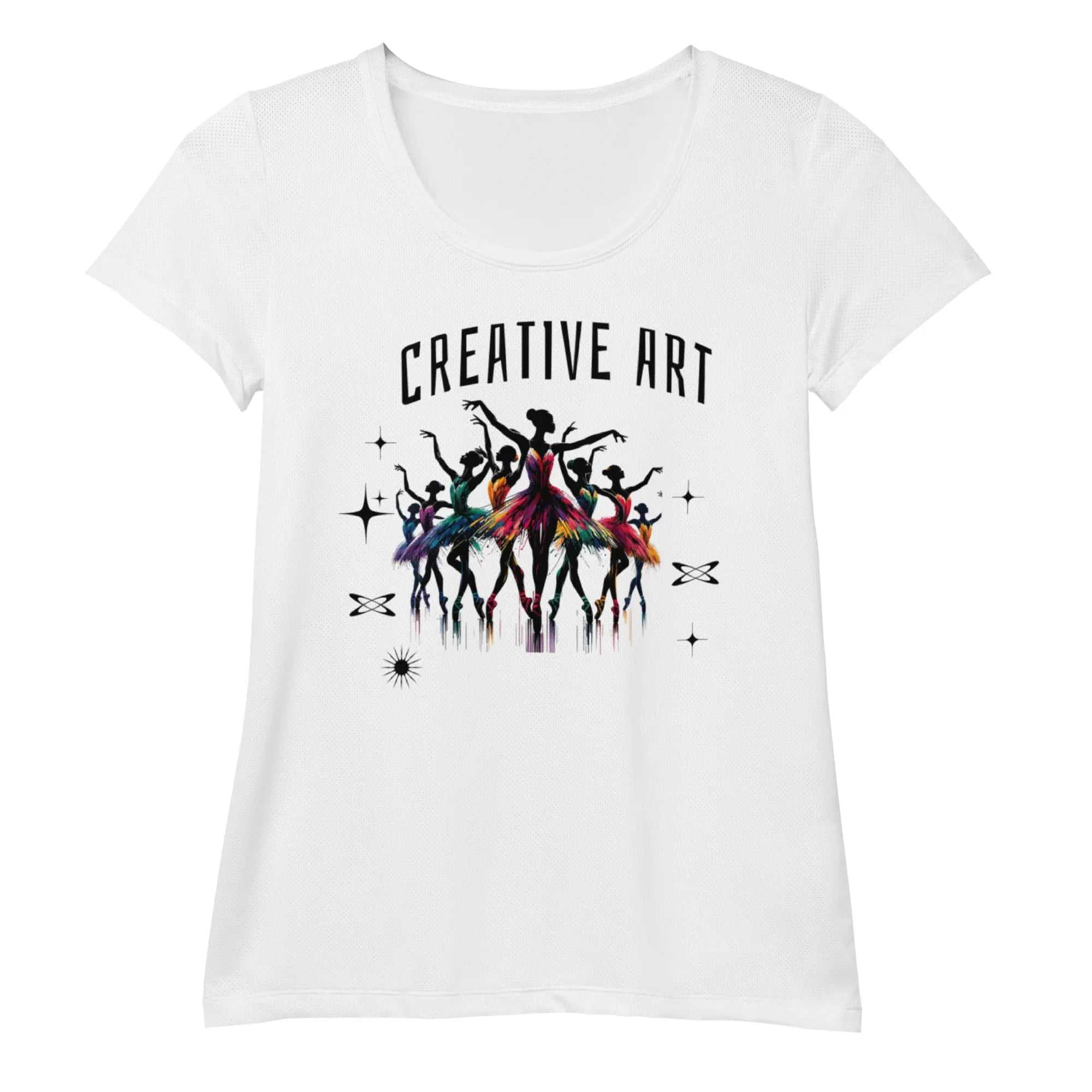 White women's athletic t-shirt with colorful Ballet Dancers All-Over Print and "Creative Art" text.