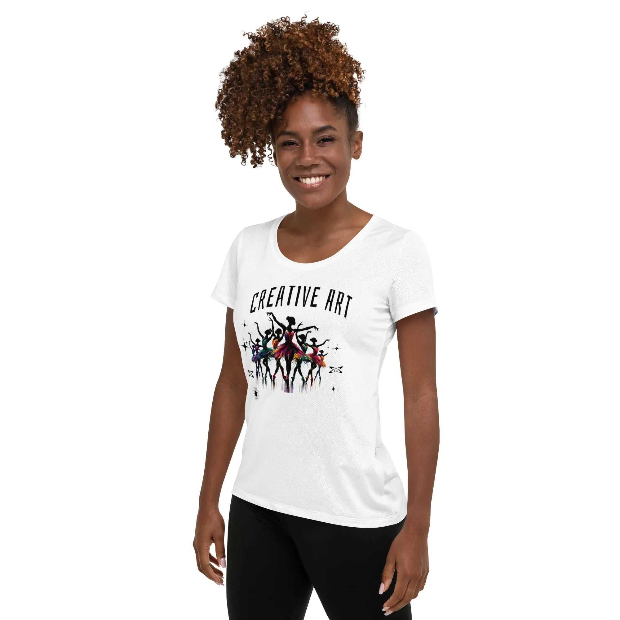 Women's athletic t-shirt with Ballet Dancers All-Over Print, moisture-wicking sports mesh fabric, and comfortable fit