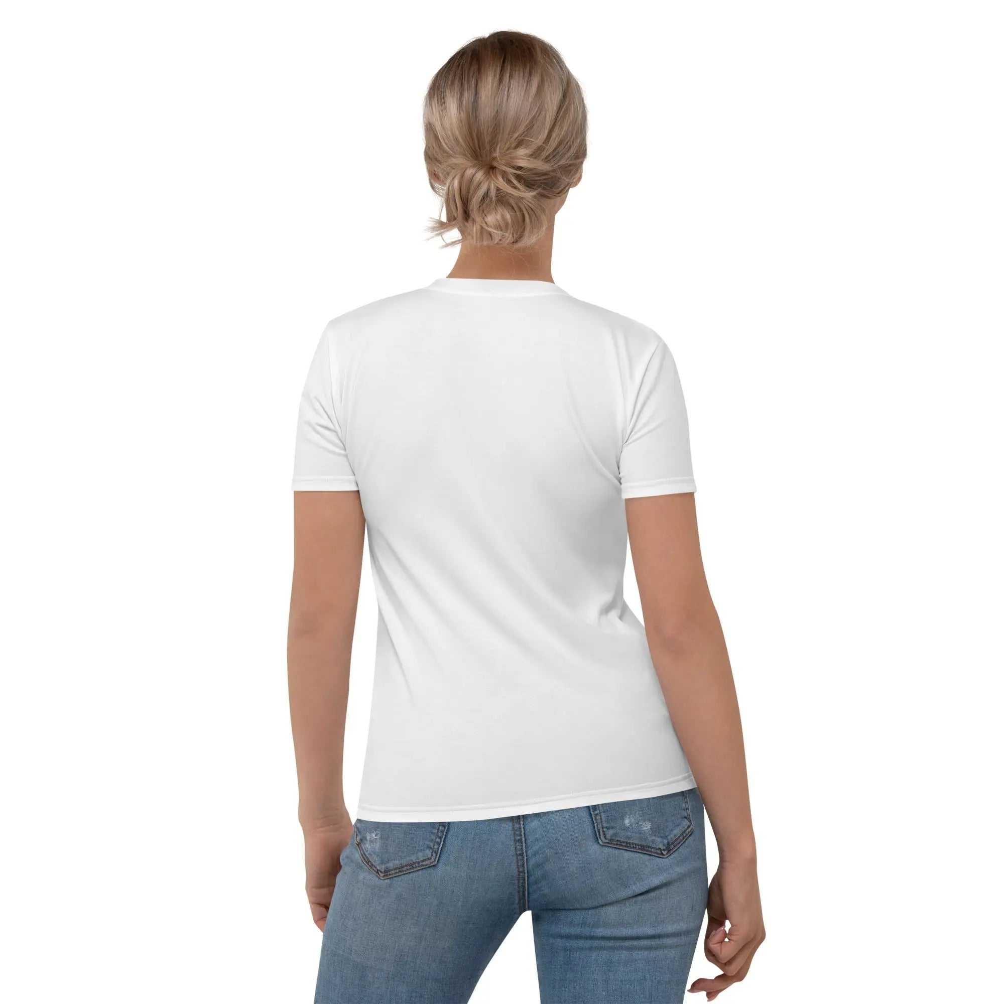 Back view of a woman wearing a plain white Mothers Day women's T-shirt with short sleeves and regular fit paired with blue jeans