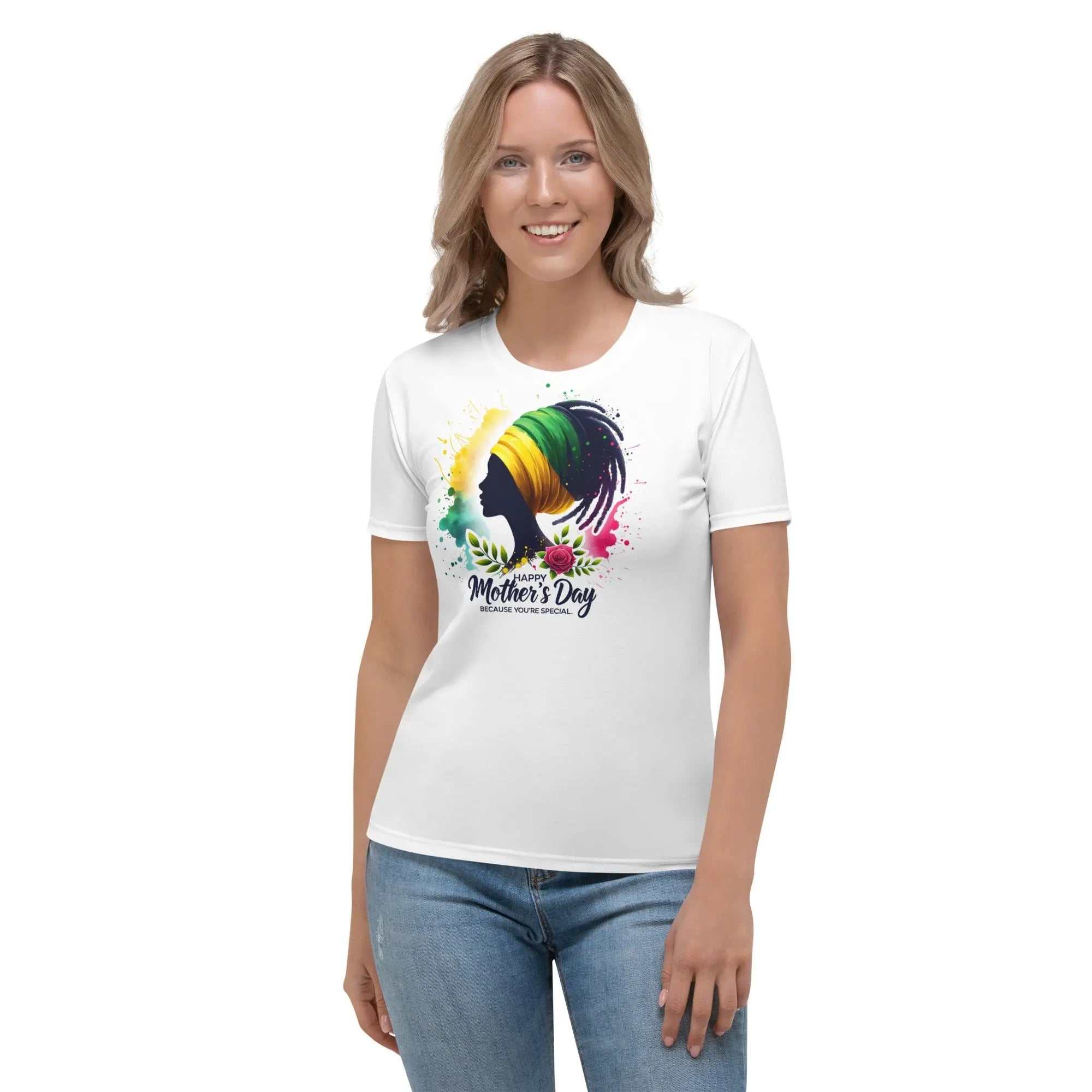 Women wearing white Mothers Day Women's T-shirt with colorful silhouette design and jeans