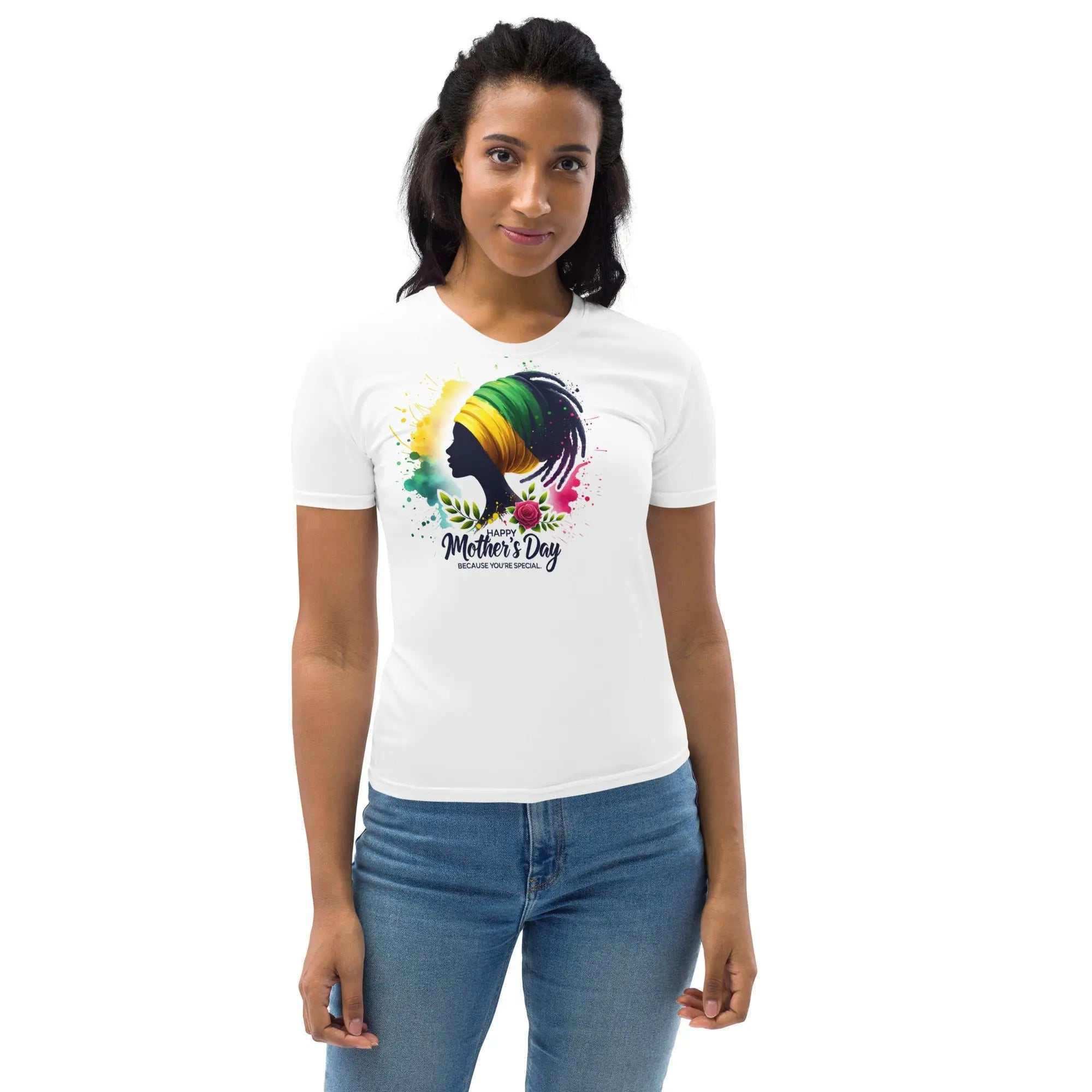 White Mothers Day Women's T-shirt with colorful afro silhouette graphic on a female model