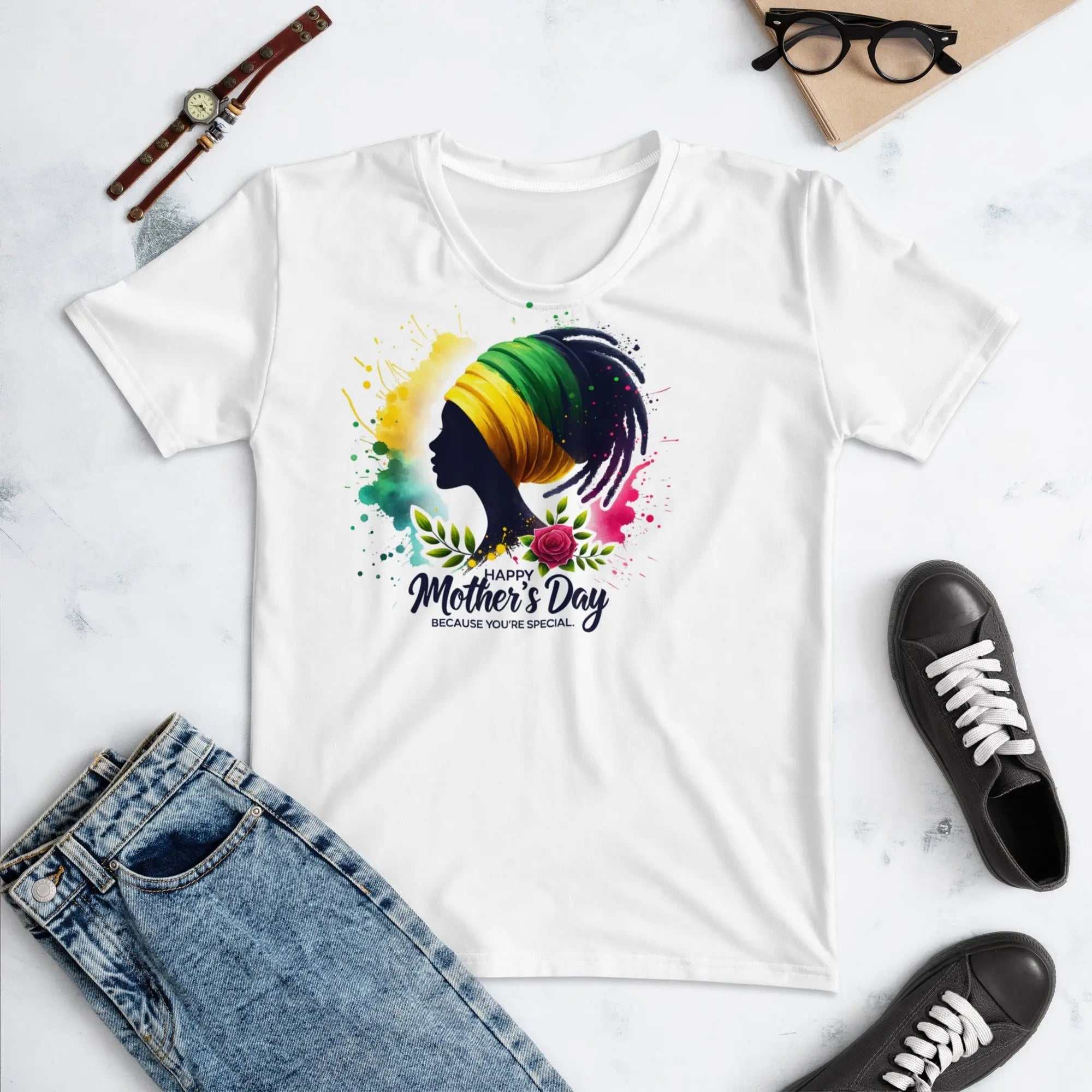 Mothers Day Womens T-shirt with colorful silhouette design, soft polyester blend, regular fit, and four-way stretch fabric